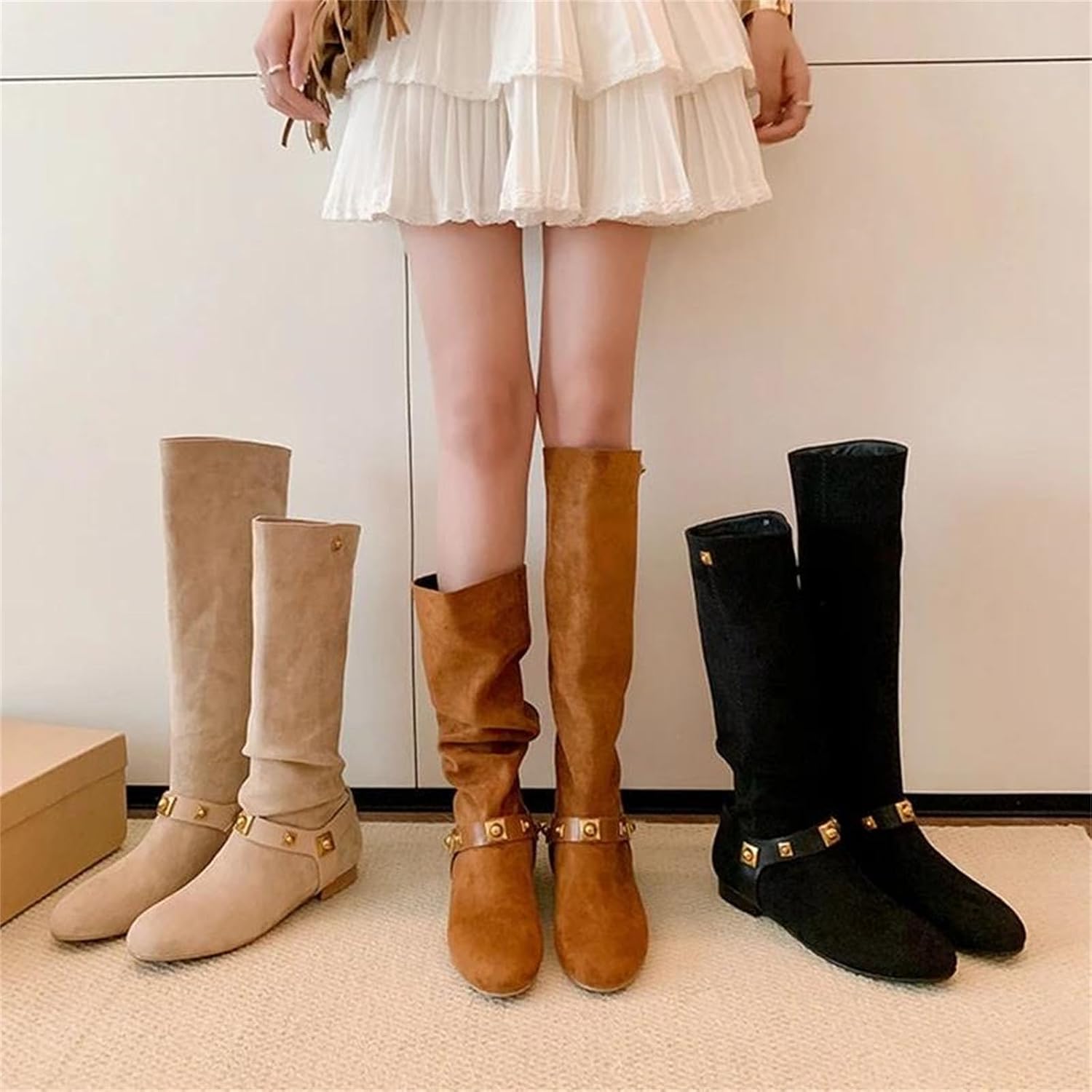 Women's Round Toe Suede Knee High Boots Low Heel Metal Rivet Belt Buckle Fall Winter Fashion Shoes