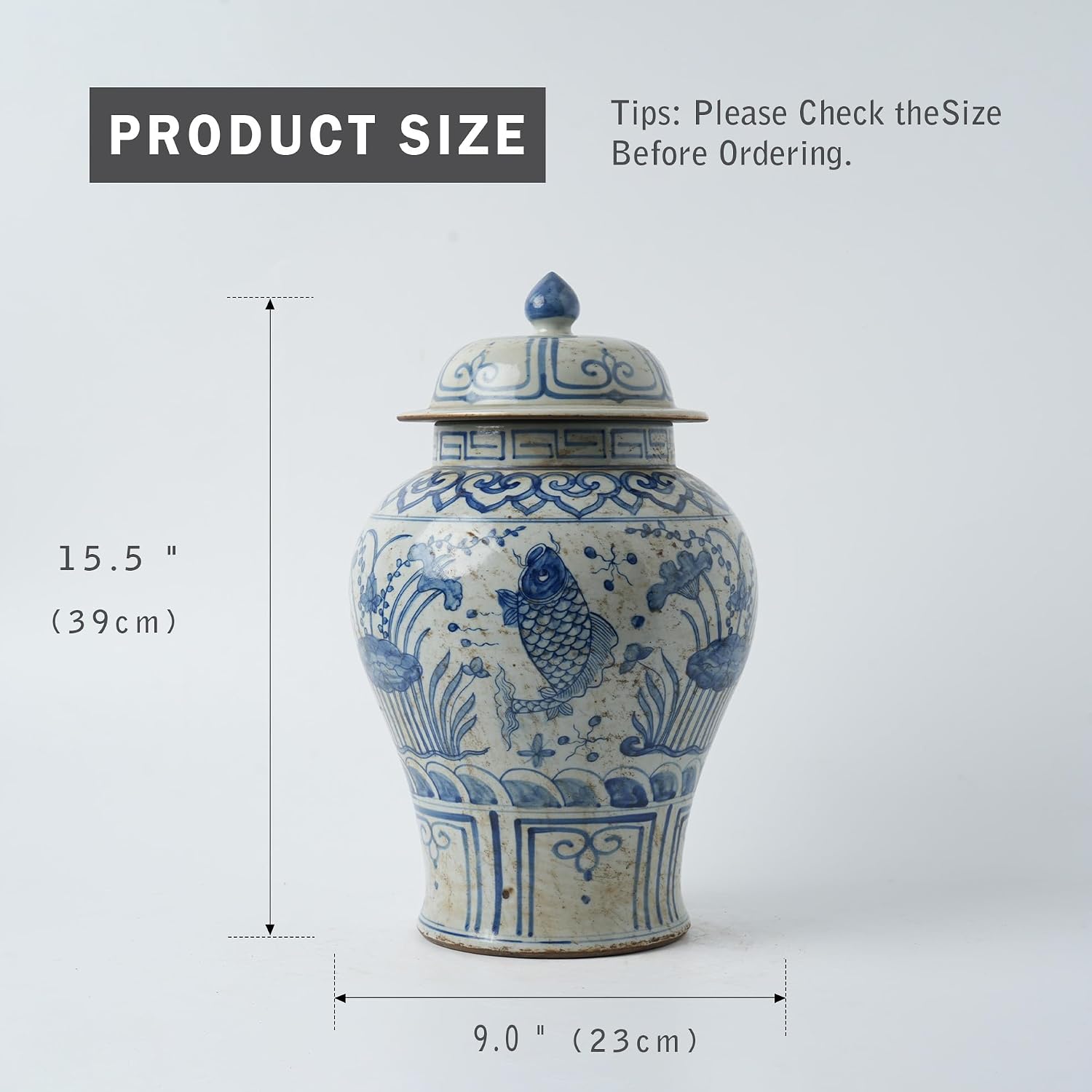 Handmade 41' Ceramic Ginger Jar w/Lid - Classic Chinese Style Porcelain Jar Tea Storage for Home Decor DecorativeTemple Jar Centerpiece Vintage Accent Antique Vase (Blue And White)