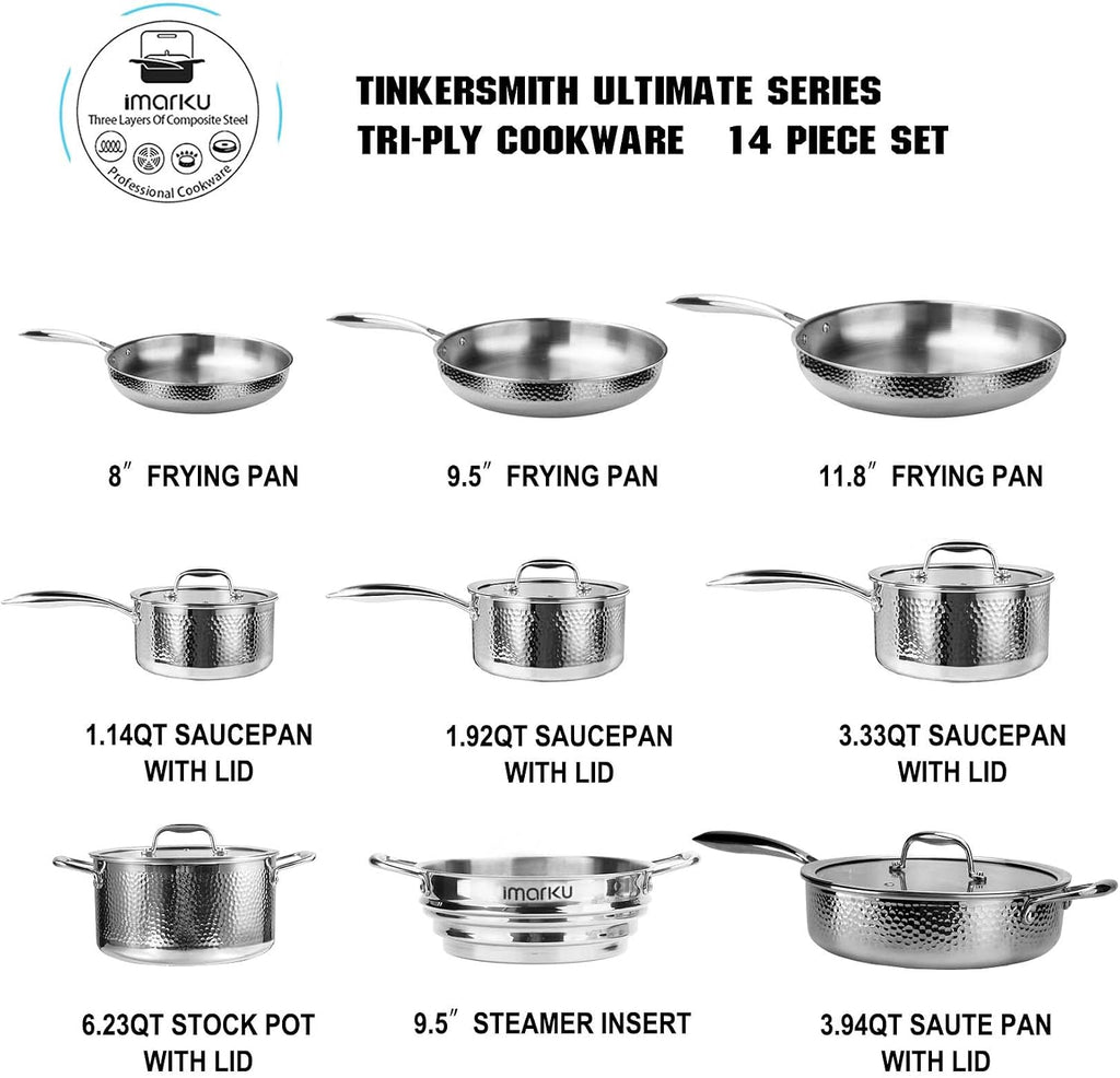 imarku Pots and Pans Set, 14PCS Kitchen Cookware Sets Tri-Ply Clad Stainless Steel with Hangered Handle and Lids, Suits Ceramic and Induction, Oven and Dishwasher Safe, Best Gifts for Women Man