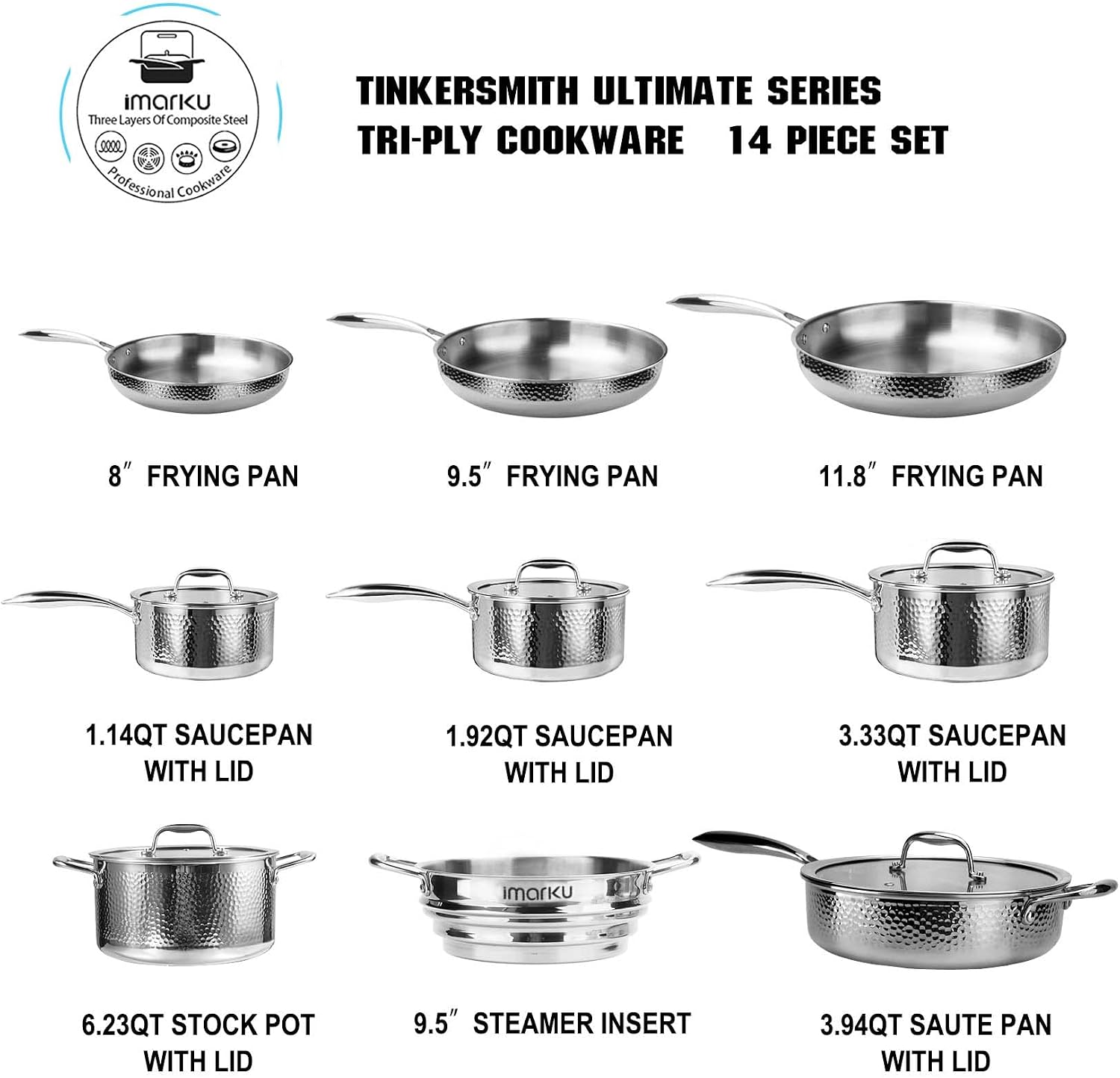 imarku Pots and Pans Set, 14PCS Kitchen Cookware Sets Tri-Ply Clad Stainless Steel with Hangered Handle and Lids, Suits Ceramic and Induction, Oven and Dishwasher Safe, Best Gifts for Women Man