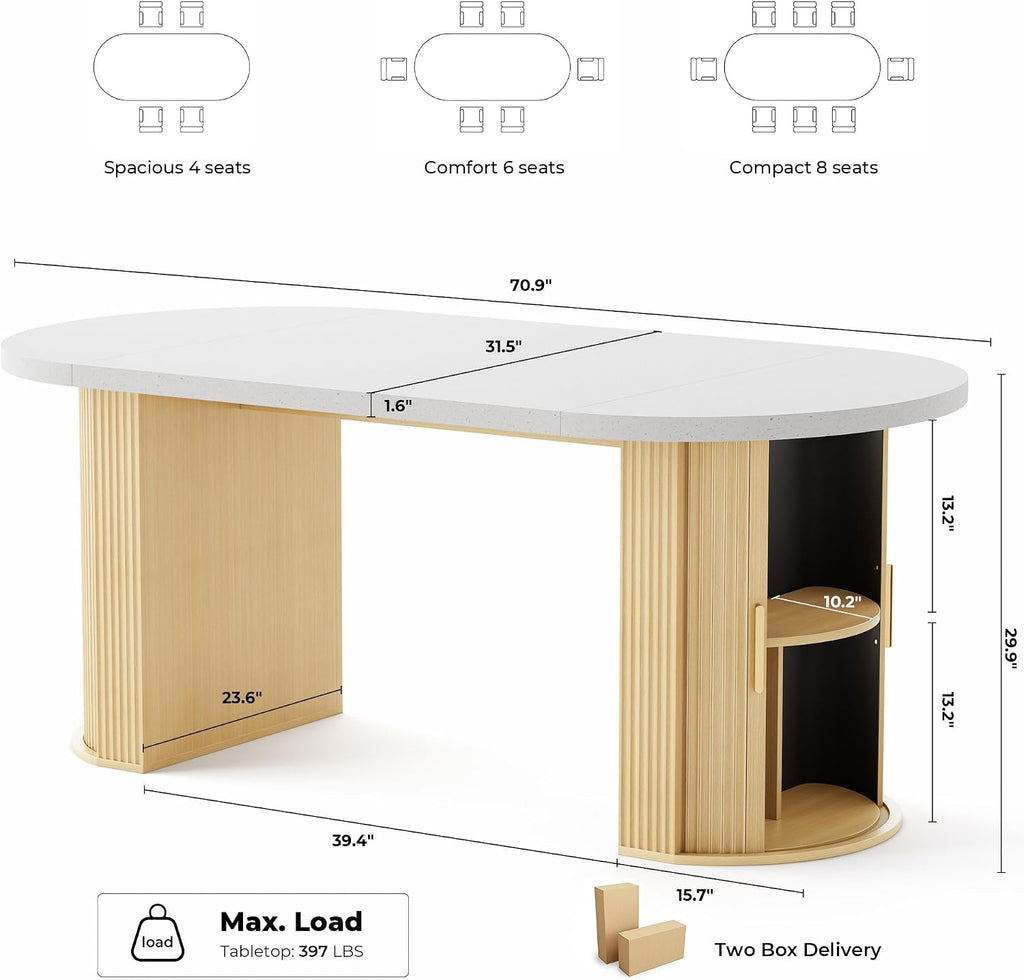 IRONCK 71' Oval Dining Table for 4-8, Modern Farmhouse Dining Table with Hidden Storage & Fluted Base, 1.6' Thick Faux Quartz Top, Dinner Table for Dining Room Kitchen Home Office, Oak