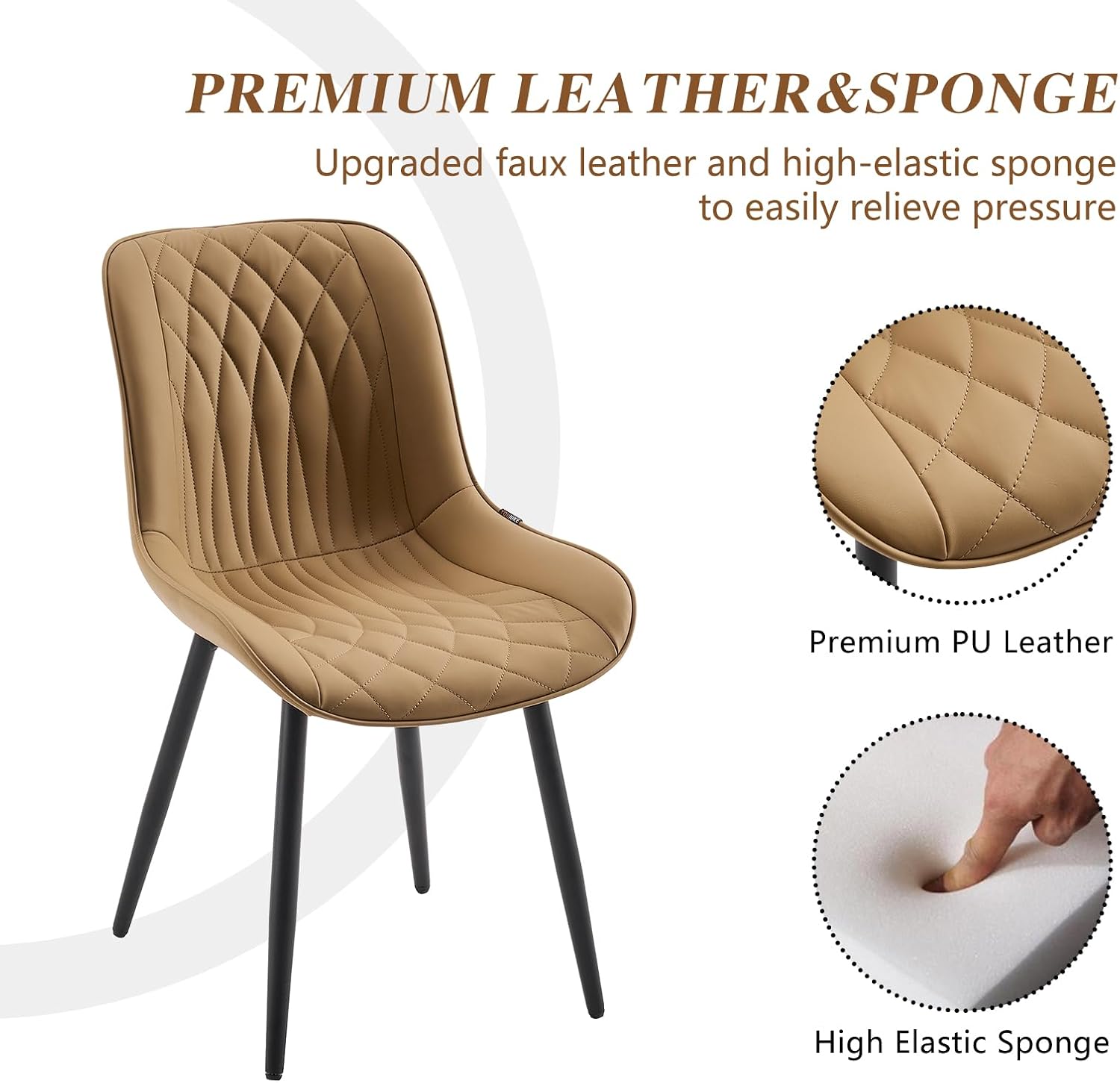 YOUNIKE Faux Leather Dining Chairs Set of 2 Mid-Century Modern High Padded Back Comfy Upholstered Kitchen Chairs with Metal Legs Wide Seat Accent Side Chair for Dining/Living/Waiting Room Tan