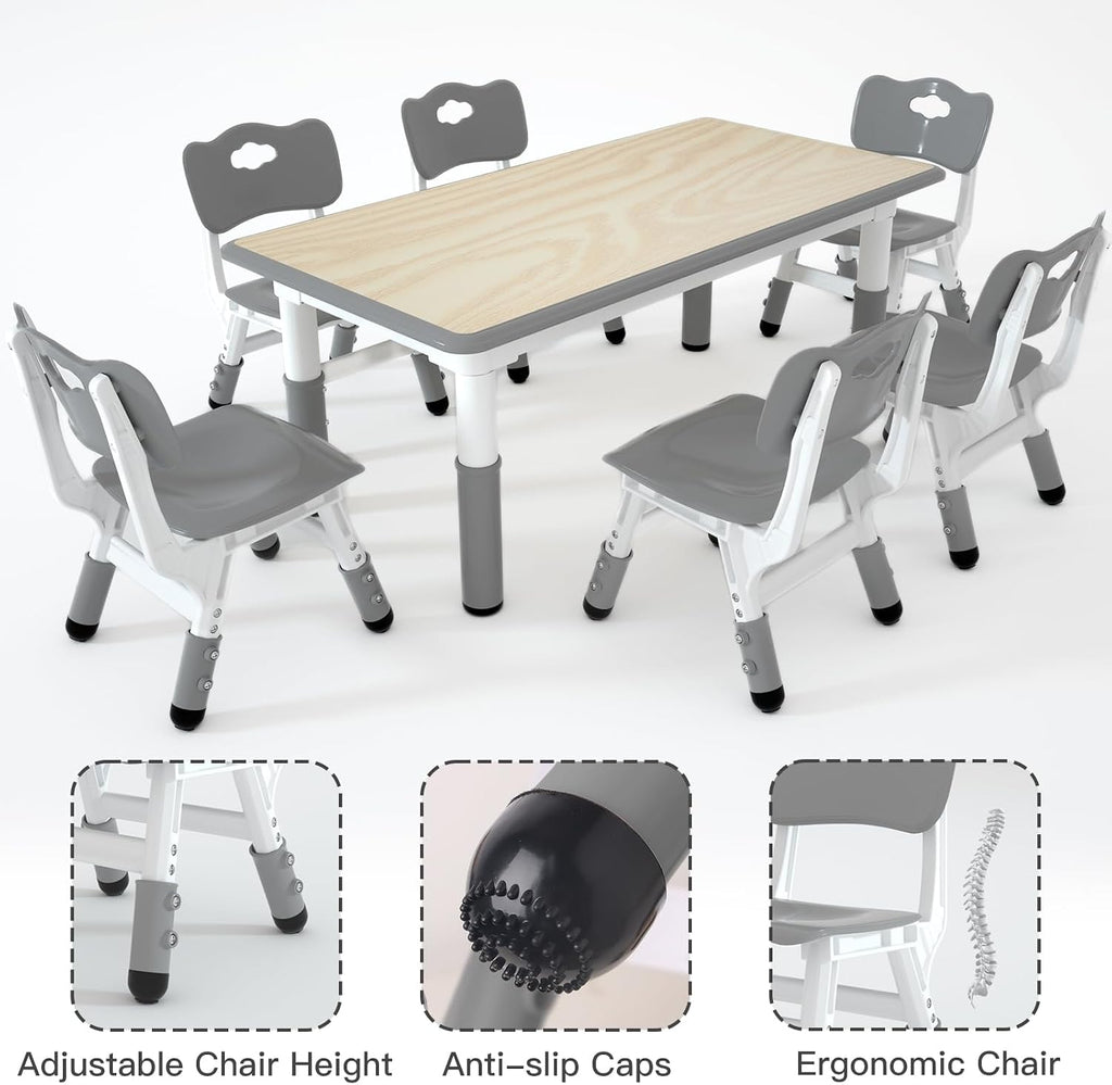LulliSpace Kids Study Table and 6 Chairs Set,Height Adjustable Table and Chairs for Children and Toddlers,47.2'X23.6'Graffiti Desktop,Suitable for Daycare,Classrooms, Home