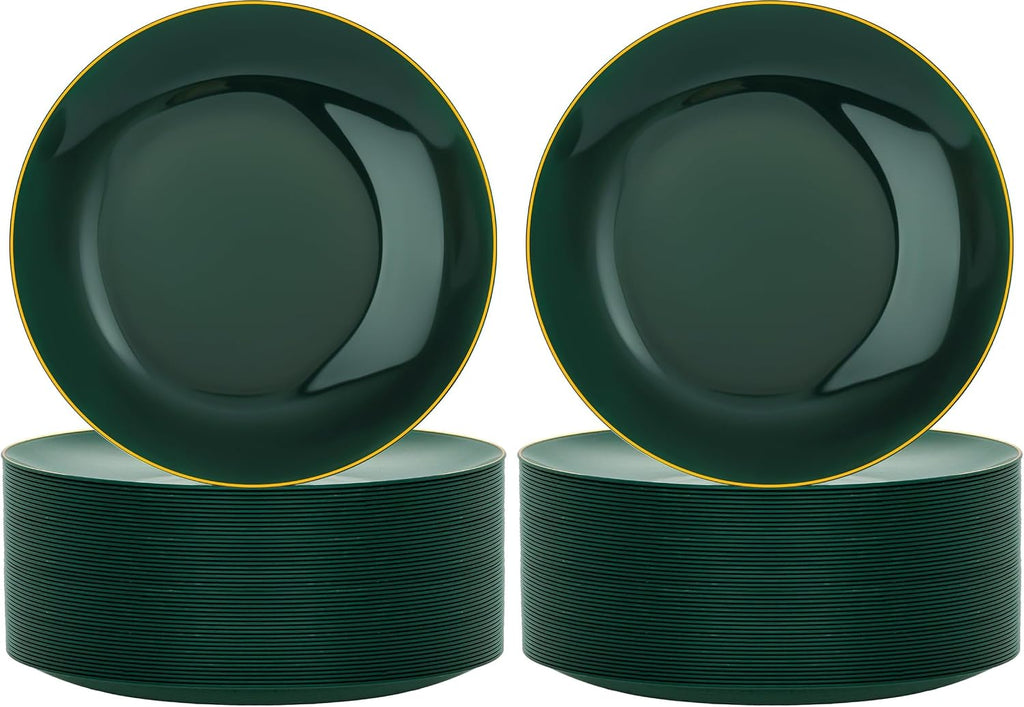 Nervure 100Pcs Green and Gold Plastic Plates - 10.25inch Disposable Green Dinner Plates - Heavy Duty Plastic Plate Ideal for Wedding & Party (Pack of 2)