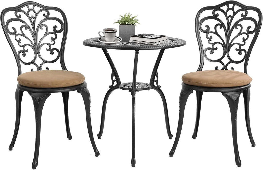 HOMEFUN Bistro Table and Chairs Set of 2 Outdoor 3 Piece Patio Set with Cushion Butterfly Pattern Cast Aluminum Bistro for Garden Balcony, Durable Rust All-Weather Resistance