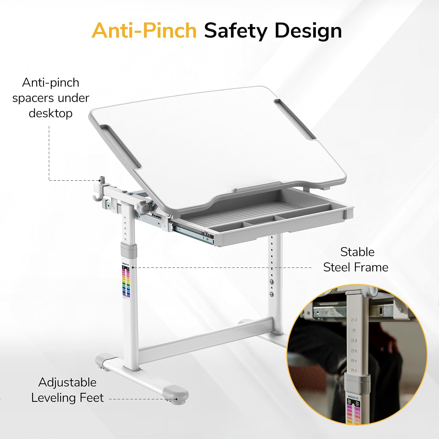 Mount-It! Kids Desk and Chair Set Height Adjustable up to 30' Ergonomic for School - Table and Chairs for Student 26' x 18' Tabletop with Pencil Drawer, 3-10 Age Children, Grey