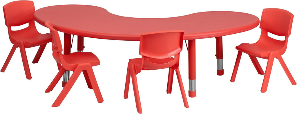 Flash Furniture 35''W x 65''L Half-Moon Red Plastic Height Adjustable Activity Table Set with 4 Chairs