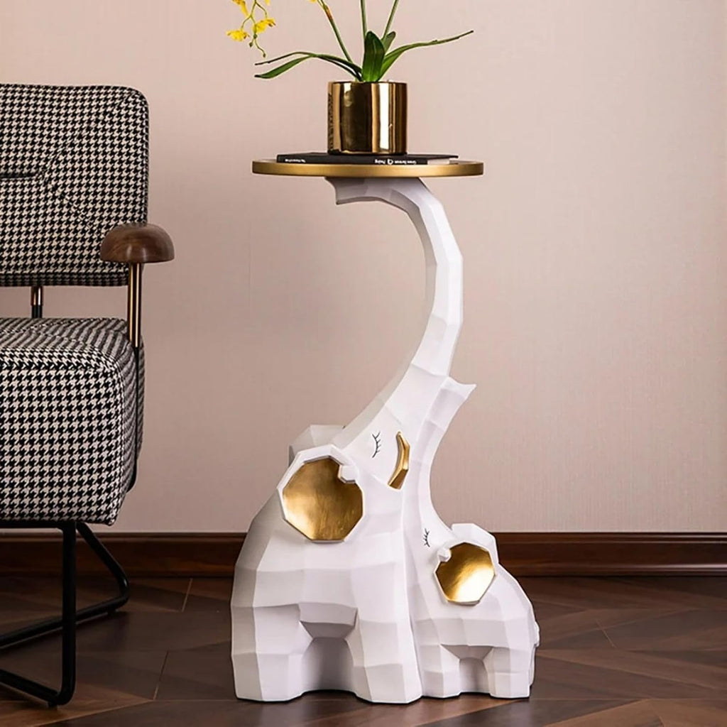 homary Modern End Table with Tray Top Decor Nightstand Elephant Shape Side Table White & Gold