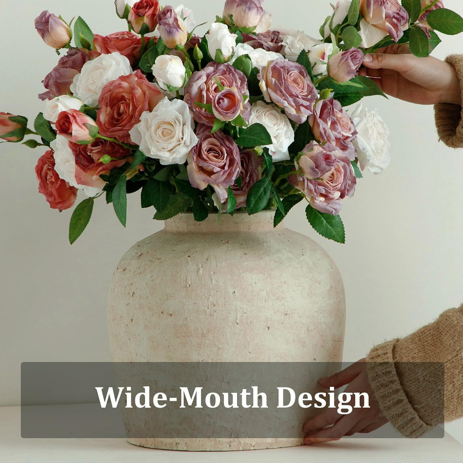 Large Ceramic Vase, 11' Rustic Farmhouse Terracotta Vase for Home Decor, Artisan Decorative Flower Vase for Living Room, Table Centerpiece, Bedroom (Terracotta Beige)