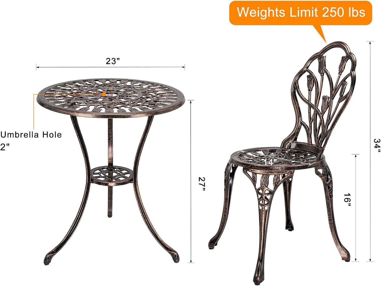 HOMEFUN Bistro Table and Chairs Set of 2 Outdoor 3 Piece Patio Set Tulip Pattern Cast Aluminum Bistro for Garden Balcony, Durable Rust All-Weather Resistance (Bronze)