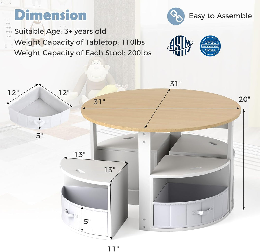 Costzon Kids Table and Chairs, 5 Pieces Wooden Round Children Nesting Desk with 4 Storage Stools & 4 Fabric Drawers for Activity, Play, Art, Read, Craft, Eat, Toddler Table and Chair Set (Beige)