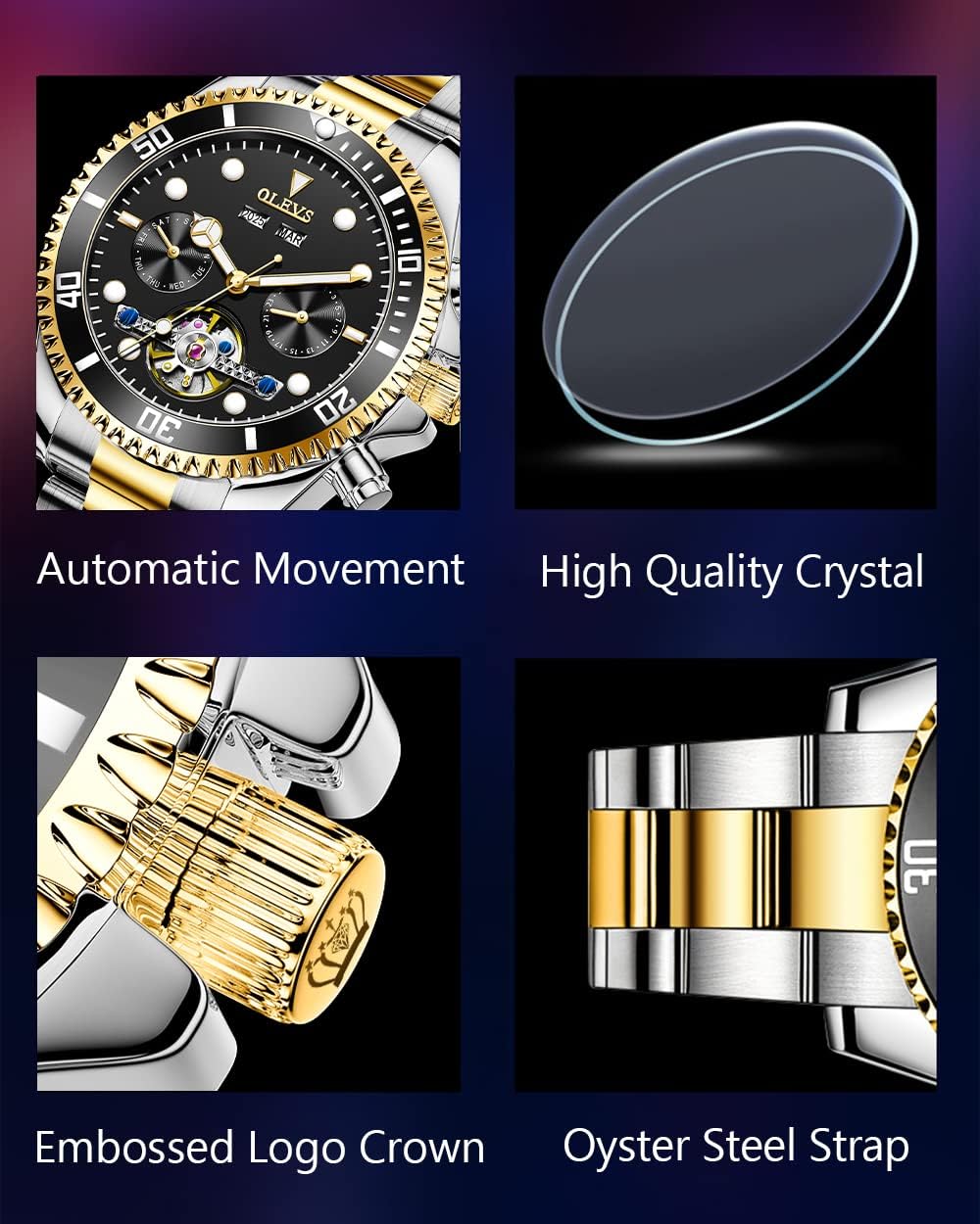 OLEVS Men's Stainless Steel Chronograph Watch, Big Face Gold Silver Black Tone Easy to Read Analog Quartz Watch, Luxury Waterproof Date Diamond Roman Arabic Numerals Dial Dress Watch for Men