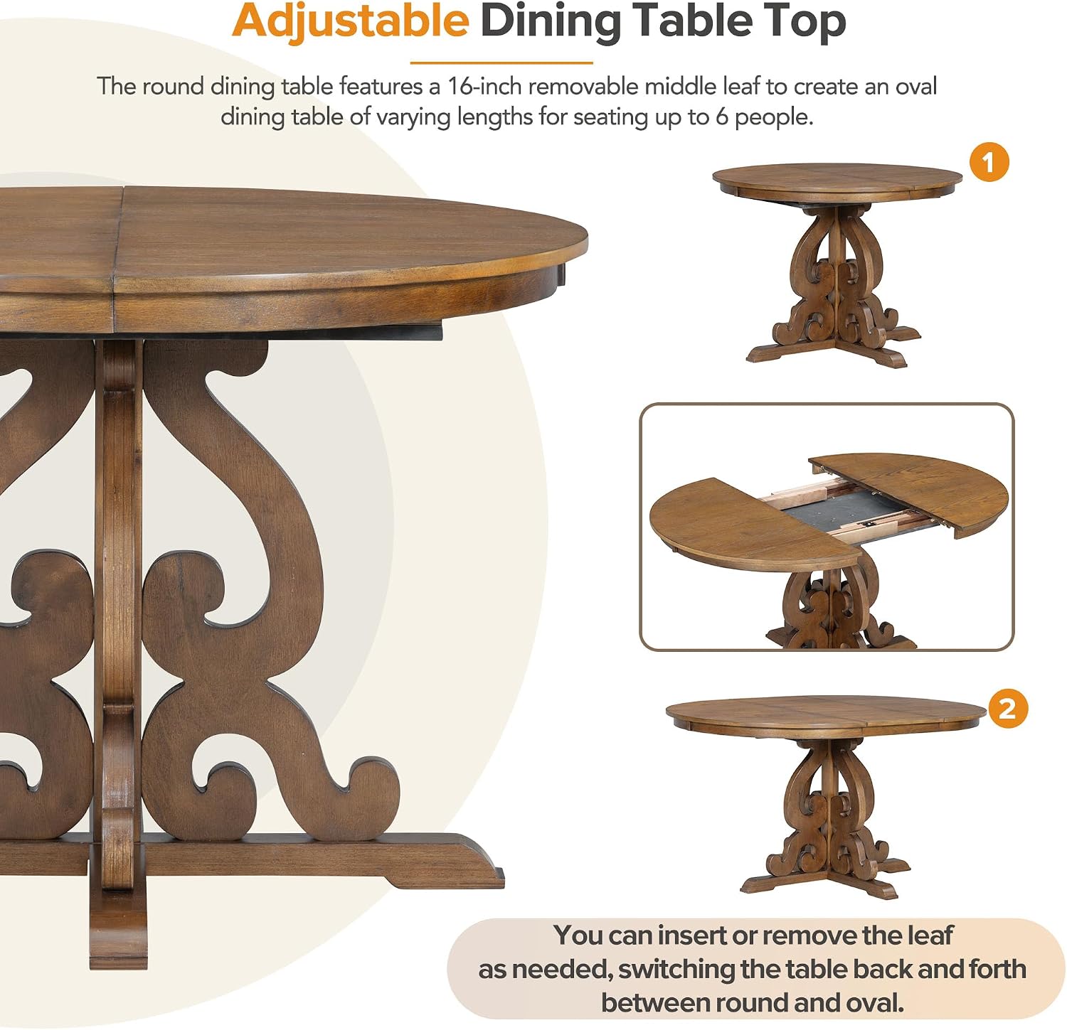 Merax Dining Table Set for 4, Extendable Round Tabletop with 16 inch Leaf and Upholstered Chairs, Retro Hollowed-Out Carving Design, Walnut