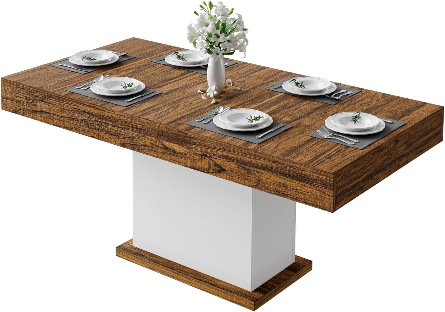 55' Dining Table for 4 to 6 People, Farmhouse Wood Dinner Table with Drawers & Led Lights for Kitchen, Dining Room & Living Room (Oak Brown & White)