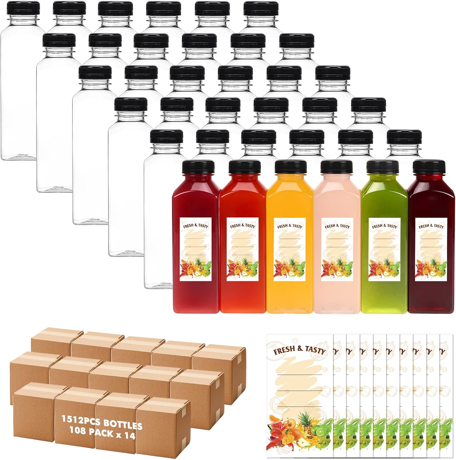 BAKHUK 1512pcs 16oz Empty Plastic Juice Bottles with Caps, Plastic Water Bottles with lids, Reusable Clear Bulk Beverage Containers for Juice, Milk and Other Beverages