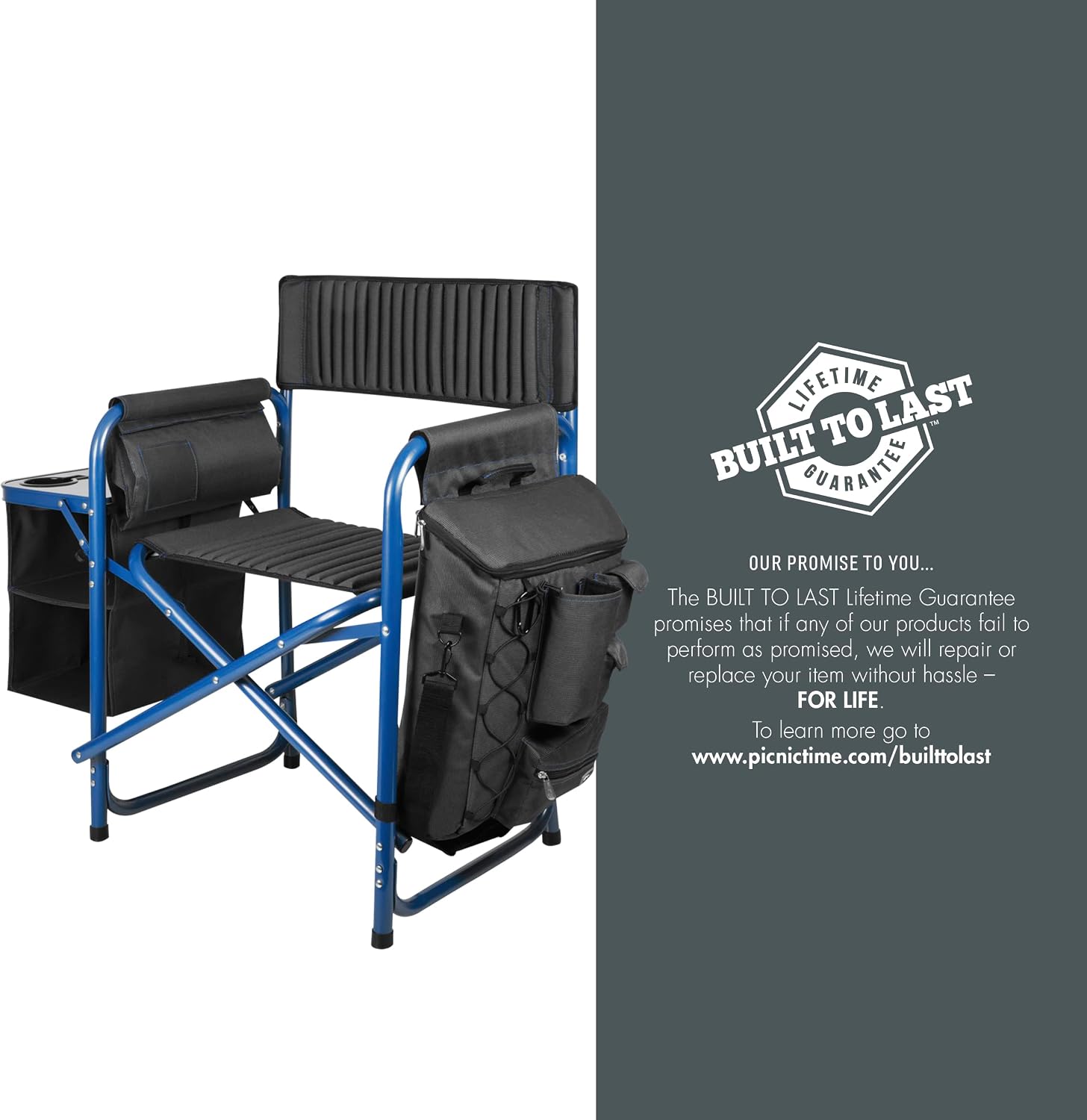 PICNIC TIME Fusion Camping Chair with Side Table and Soft Cooler, Outdoor Foldable Padded Camping Chairs with Cup Holder for Lawn, Beach, & Sports Use for Adults, (Dark Gray Blue Accents)