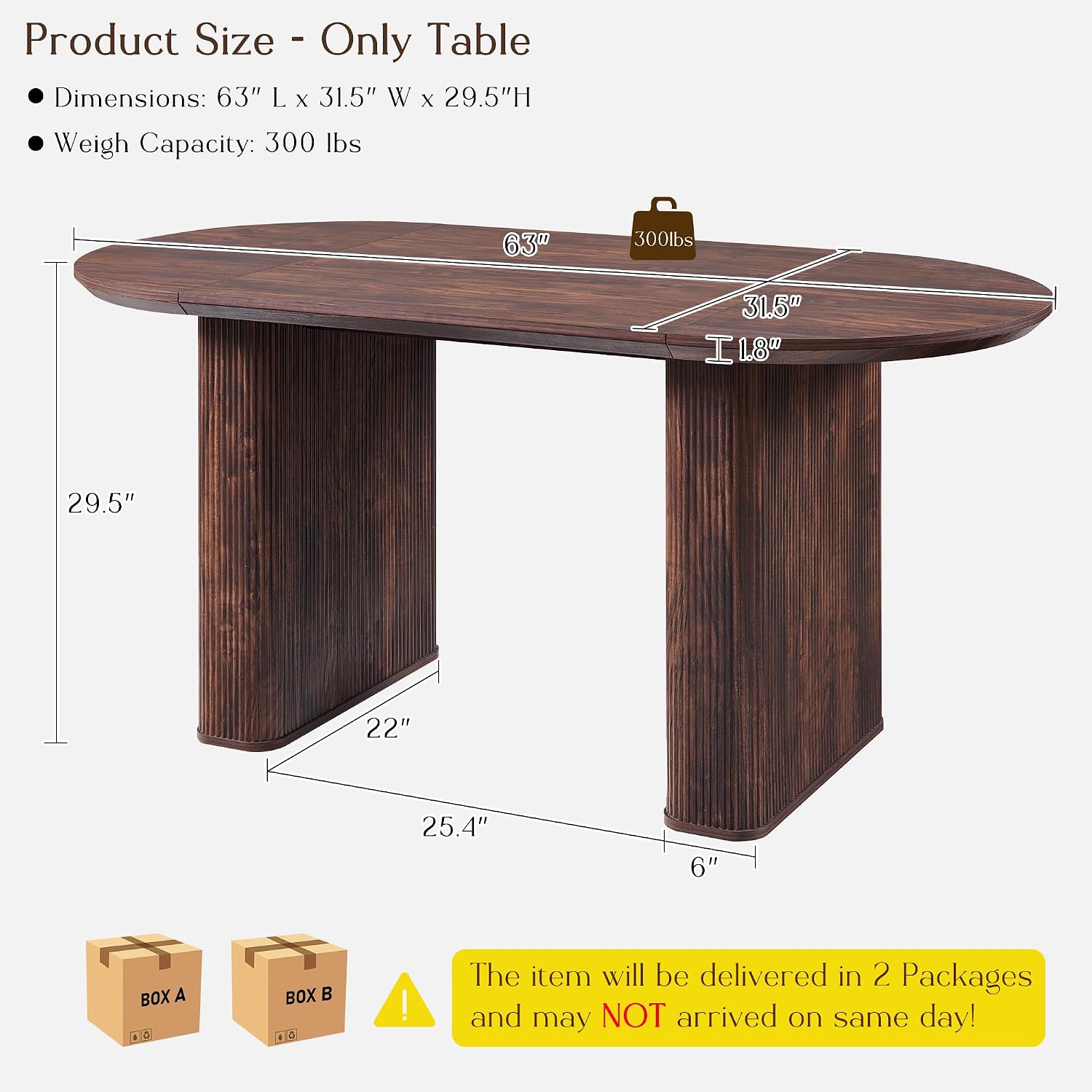 T4TREAM 63' Fluted Oval Dining Table for 4-6, Mid-Century Modern Kitchen Table with Thickened Edge & Strip Pedestal Base, Wood Luxury Table for Dining Room/Kitchen/Home Office, Walnut (Table Only)