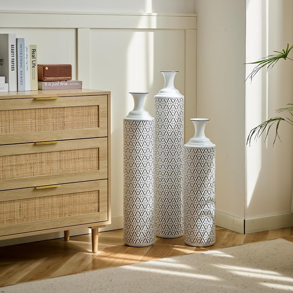 Floor Metal Decorated Vases Set of 3 for Gorgeous Home Decoration Large Glazed Metal Vases (White+Black)