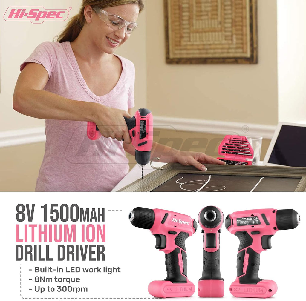 Hi-Spec 58pc Pink 8V USB Electric Power Cordless Drill Driver & Tool Kit Set and 58pc Red 8V USB Electric Power Cordless Drill Driver & Tool Kit Set