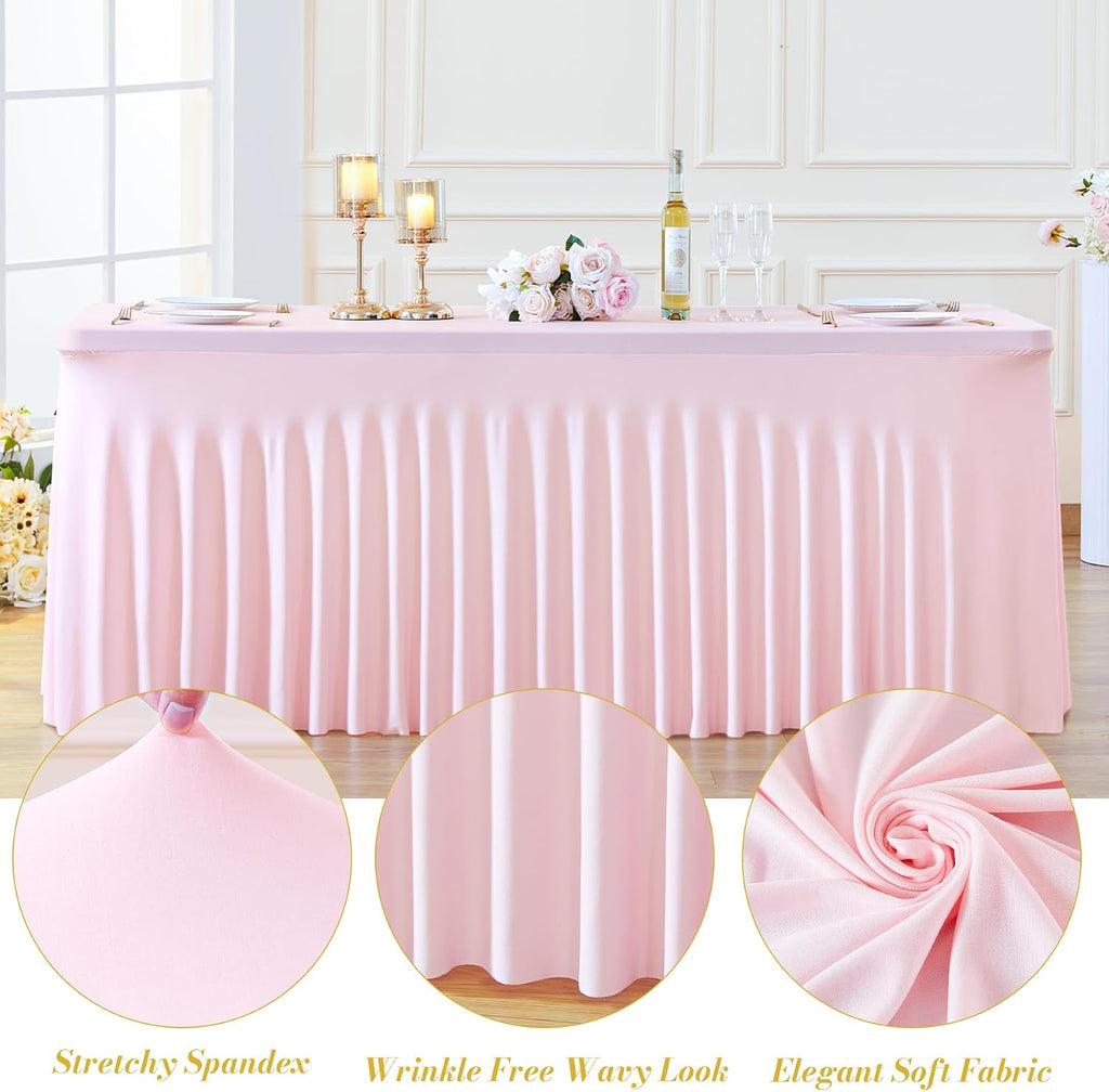 6 Pack Pink Table Cloth for 8 Foot Rectangle Tables Spandex Fitted Tablecloth 8ft Stretch Table Covers Skirt Pink Banquet Tablecloths Wrinkle Free Tablecloth for Party Wedding Birthday Event