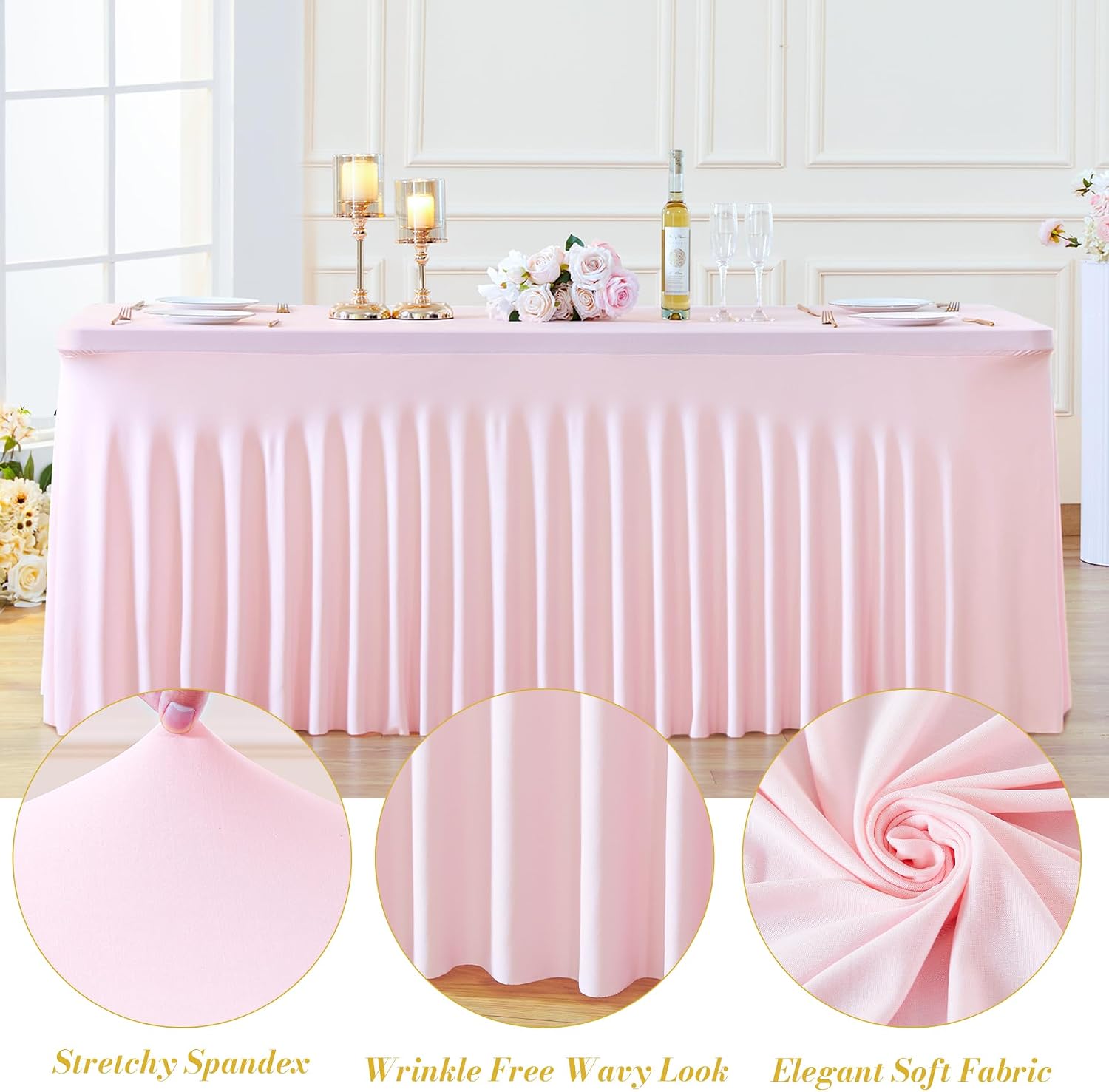6 Pack Pink Table Cloth for 8 Foot Rectangle Tables Spandex Fitted Tablecloth 8ft Stretch Table Covers Skirt Pink Banquet Tablecloths Wrinkle Free Tablecloth for Party Wedding Birthday Event
