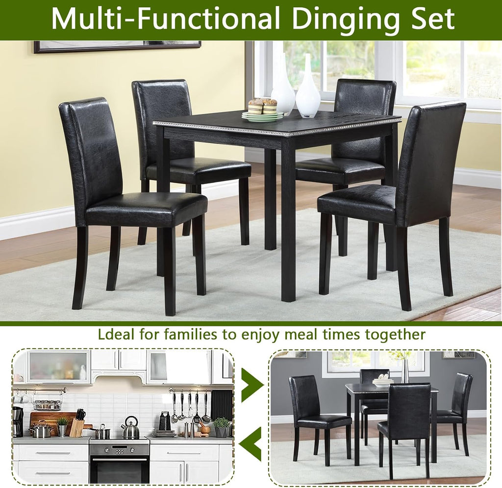 LUMISOL Dining Table Set for 4, 5-Piece Solid Wood Kitchen Table Set with 4 Upholstered Chairs for Kitchen, Dining Room, Black