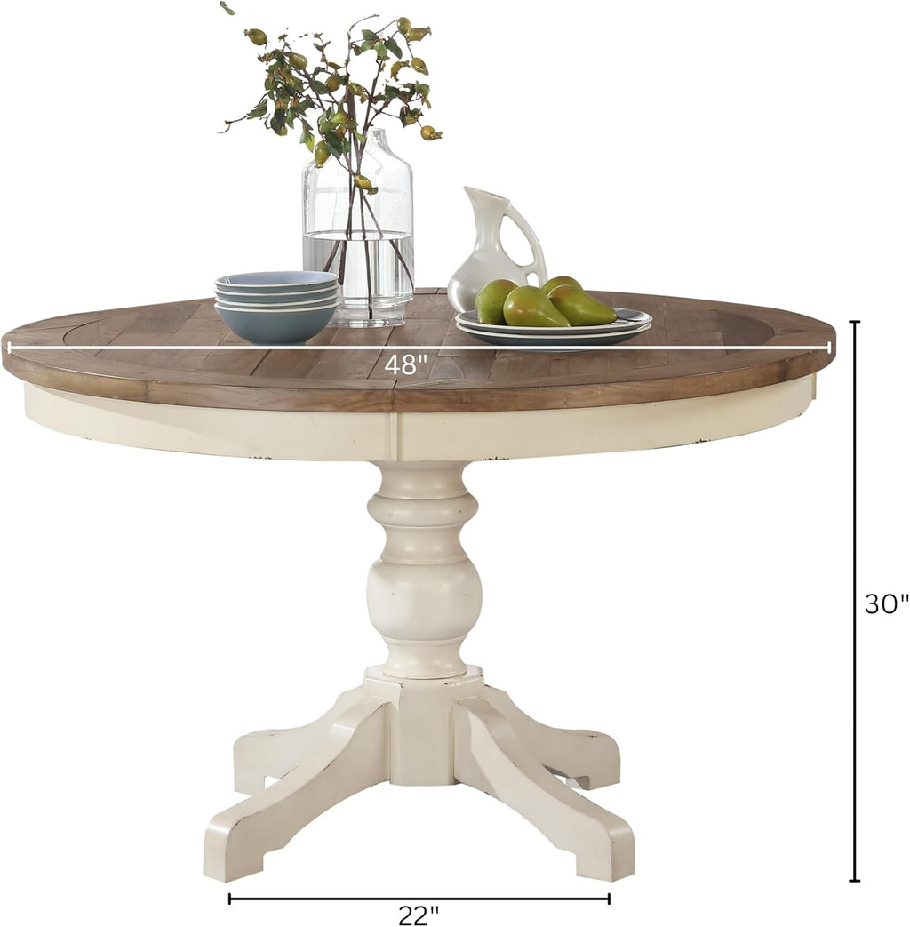 Prato Round Two-Tone Finish Wood Dining Table, Antique White and Distressed Oak