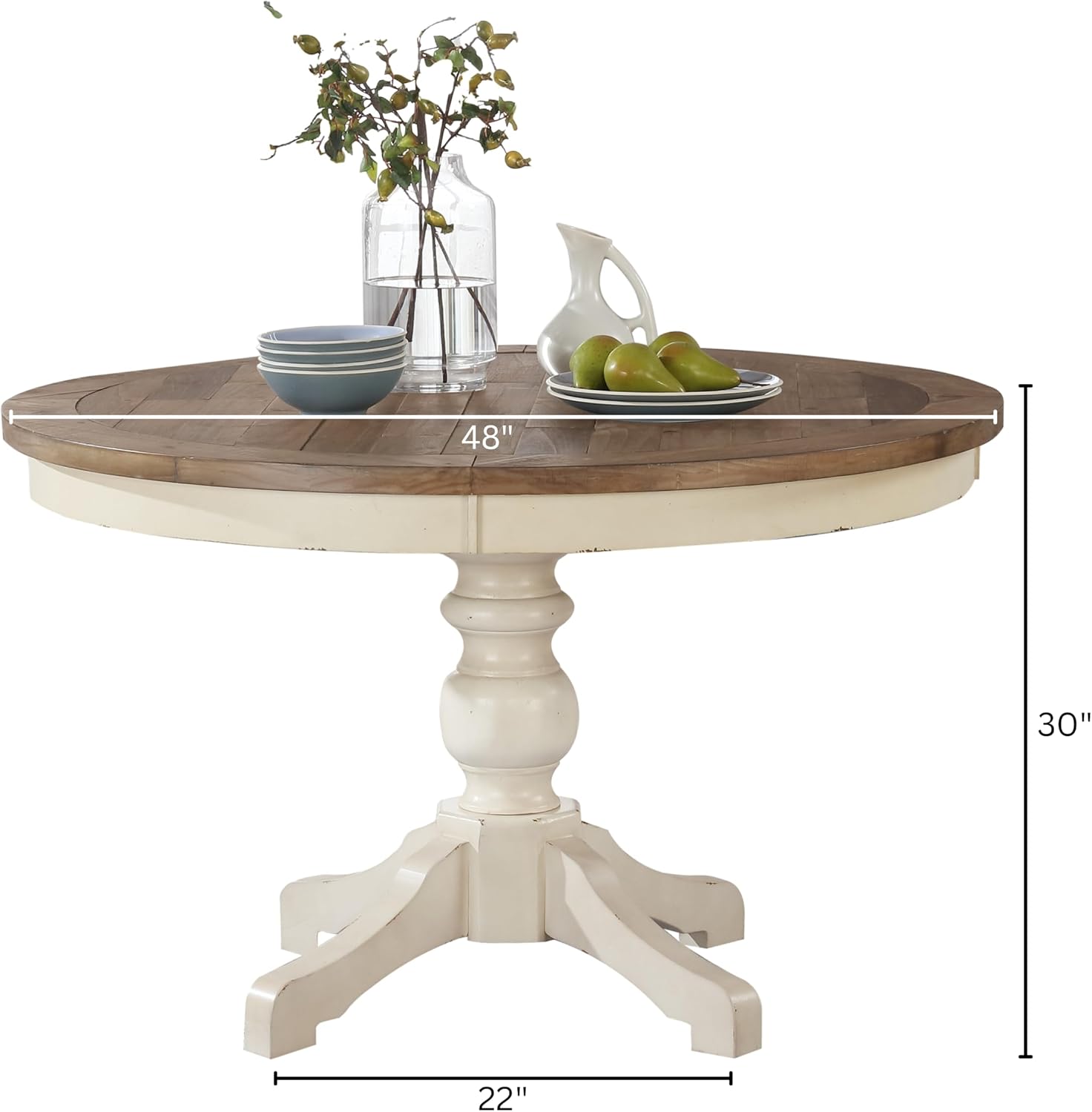 Prato Round Two-Tone Finish Wood Dining Table, Antique White and Distressed Oak
