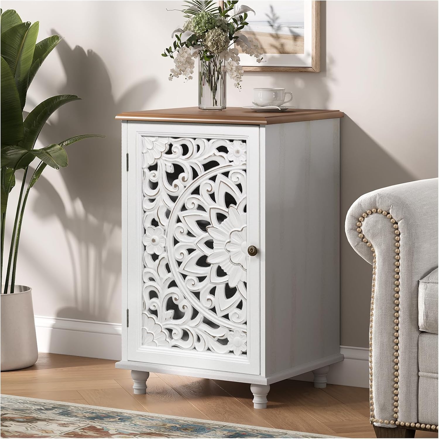 JOINICE Small Accent Cabinet with Carved Mandala Door, Boho Distressed End Table for Living Room, Bedroom, Entryway, White