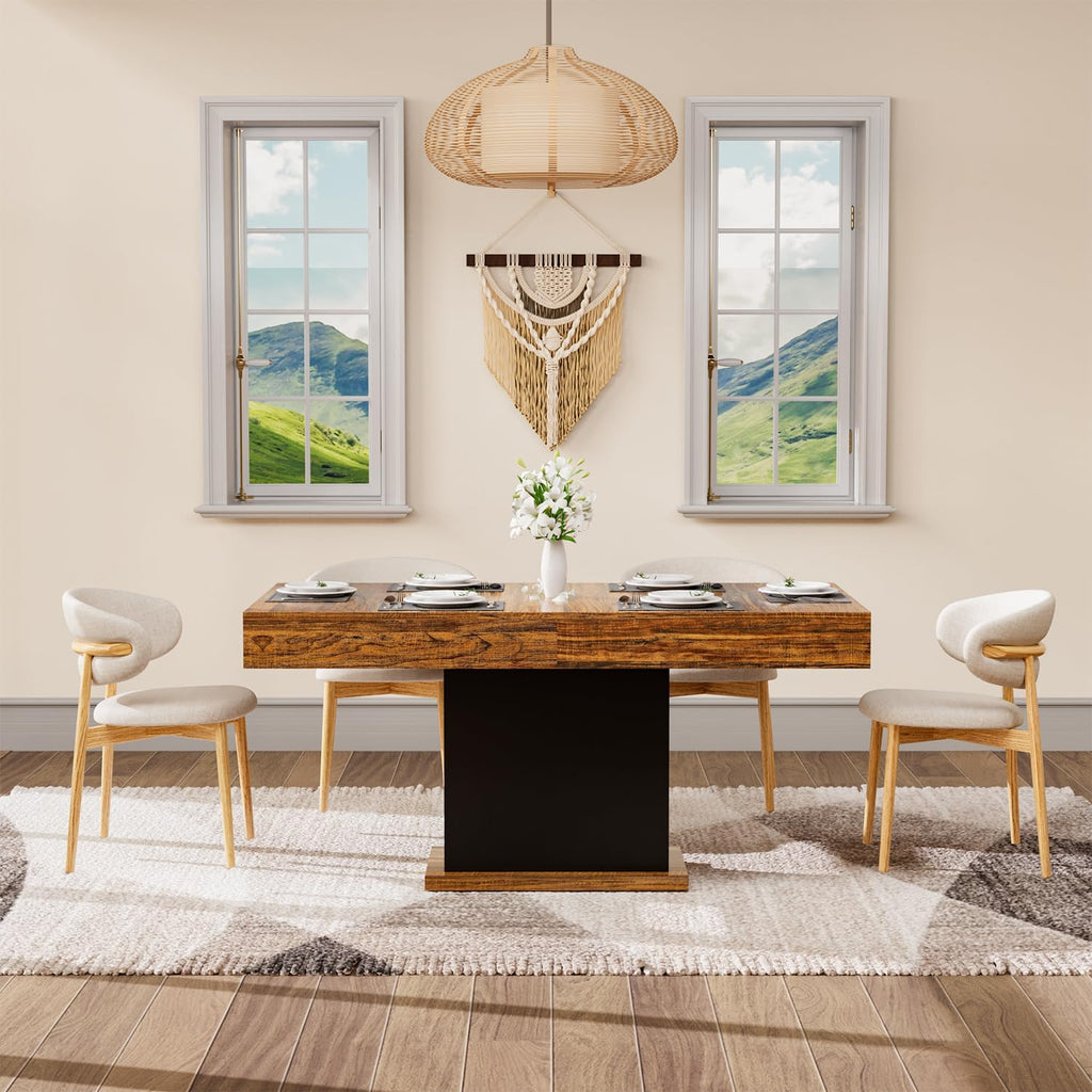 55' Dining Table for 4 to 6 People, Farmhouse Wood Dinner Table with Drawers & Led Lights for Kitchen, Dining Room & Living Room (Oak Brown & Black)