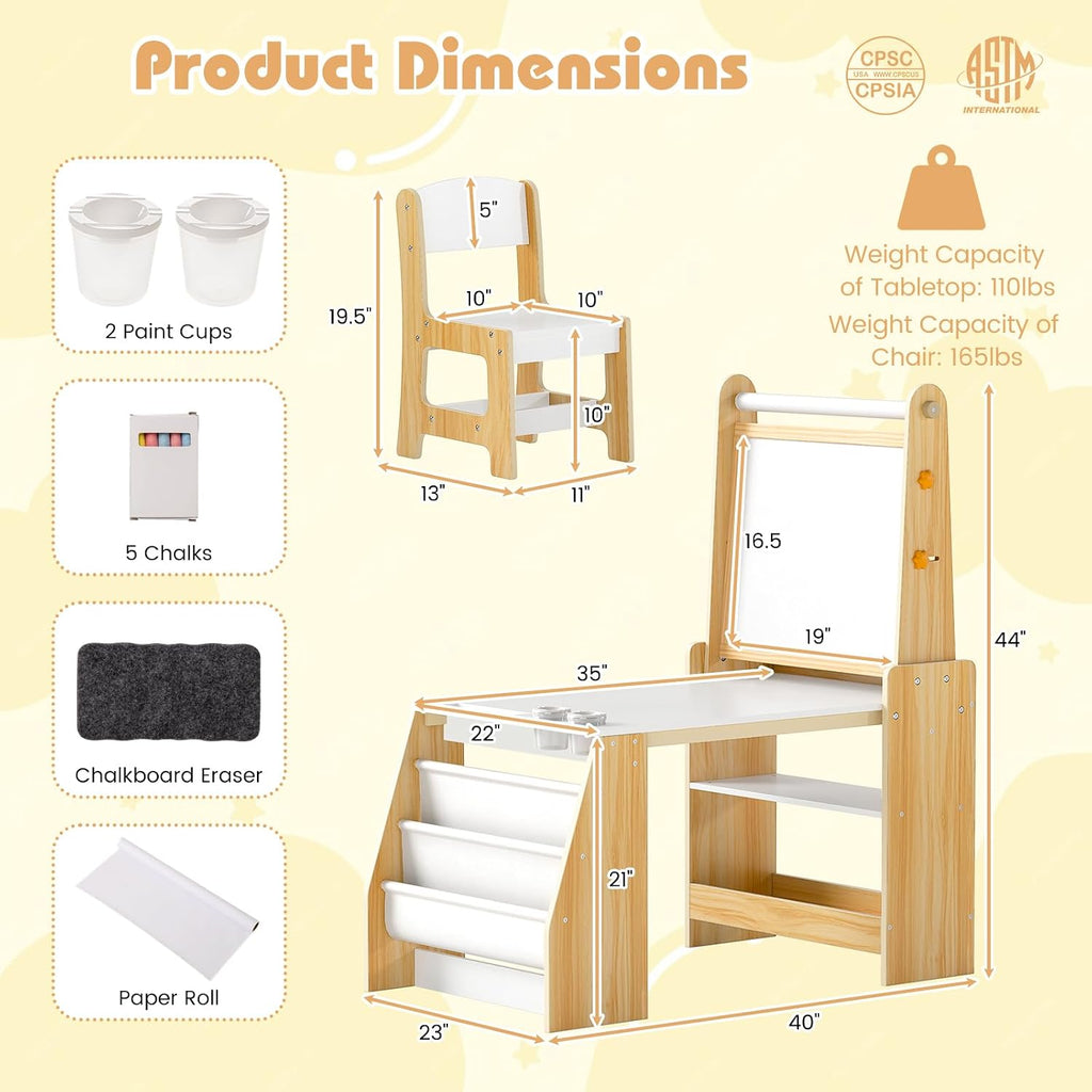 HONEY JOY Kids Art Table and Chair Set, Wooden Arts and Crafts Activity Set w/Adjustable Magnetic Whiteboard & Chalkboard, Paper Roll, Bookshelves & Storage Shelves, Toddler Table(Natural)