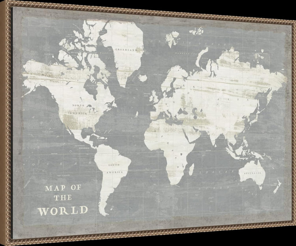Amanti Art Framed Canvas Wall Art 23x33 Slate World Map by Sue Schlabach, Framed Wall Art Canvas, Maps Artwork, Traditional Decor, Large Poster Painting for Living Room, Bedroom, Bathroom, Kitchen,