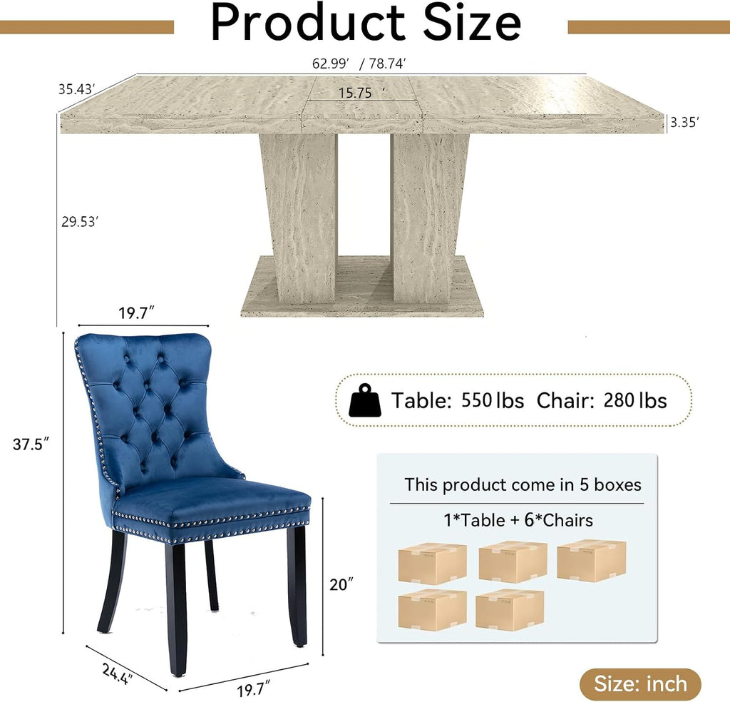 Henf 7 Pieces Extendable Dining Table Set for 6, 63'-79' Faux Mars Kitchen Table Set with 6 Blue Chairs, Faux Marble Expandable Dining Room Tables Set for 6,Modern Dinner Tables Set for 6