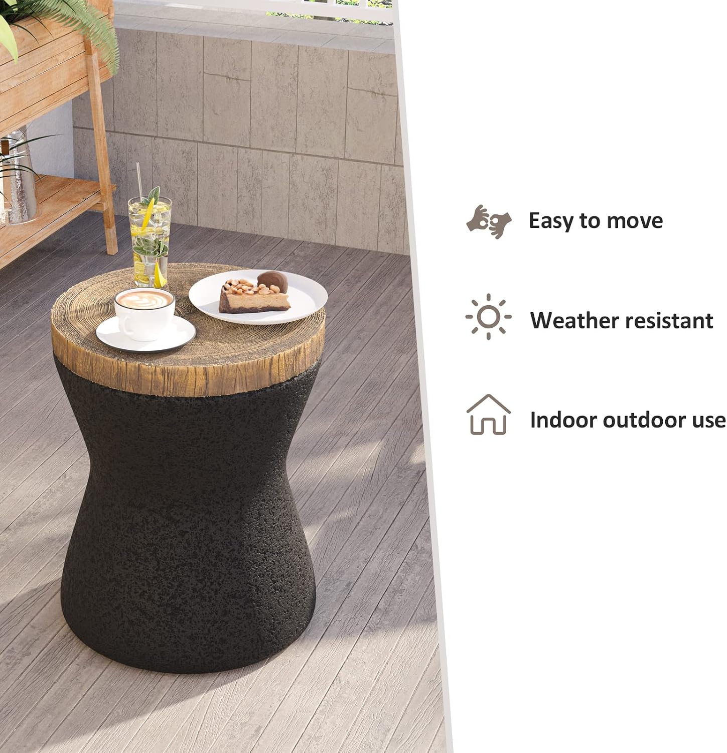 HOMPUS Outdoor Concrete Side Table Sets of 2, 2 Pieces Black Round Patio End Table, Small Outdoor Accent Table, Hourglass Shaped Garden Stool for Patio, Outside, Black