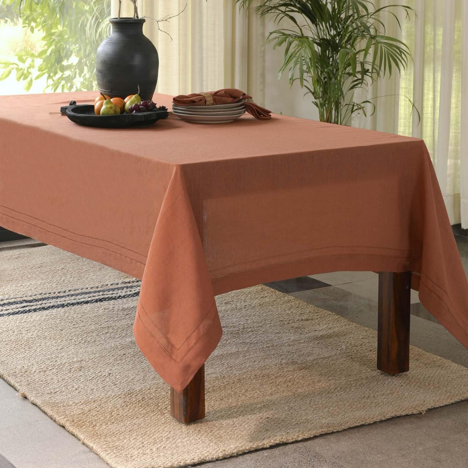 BLUE FLOWER CO Premium 100% Pure Linen Tablecloth 70'x108' Rectangle, Double Hemstitched Table Cover forDinner, Parties, Eco-Friendly, Fall & Winter Table Décor - Rust