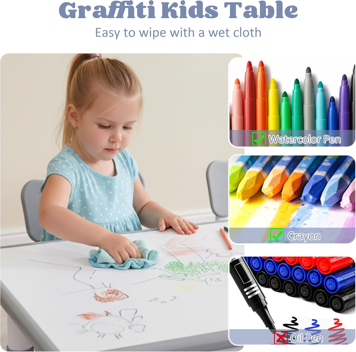 Kids Table and 4 Chairs Set, Height Adjustable Toddler Table and Chair Set, Toddler Desk with Graffiti Desktop & Non-Slip Legs, Children Activity Table for Daycare, Classroom (Grey)
