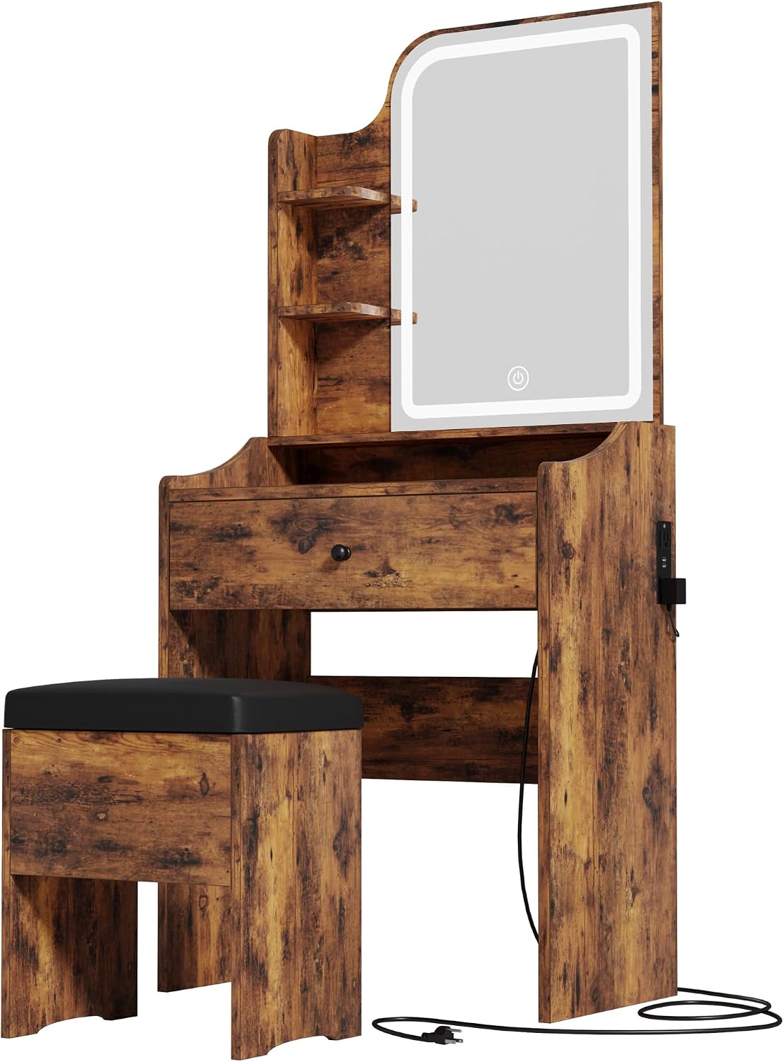 LIKIMIO Small Makeup Vanity Desk with Mirror and Lights, Vanity Table Set with Storage Drawer, Chair and Three Shelves, Bedroom, Vintage Brown