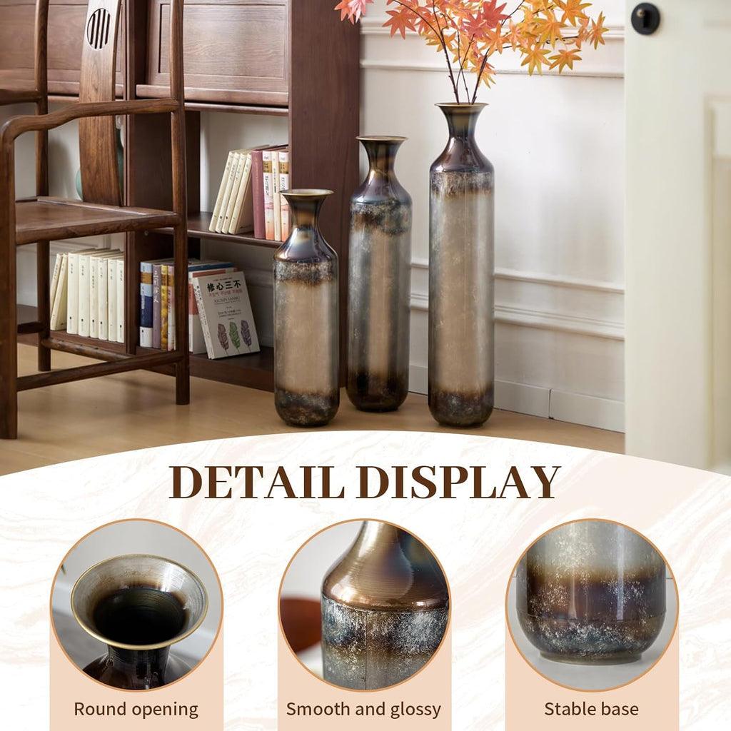 Floor Metal Decorated Vases Set of 3 for Gorgeous Home Decoration Large Glazed Metal Vases (Gold+Metal)