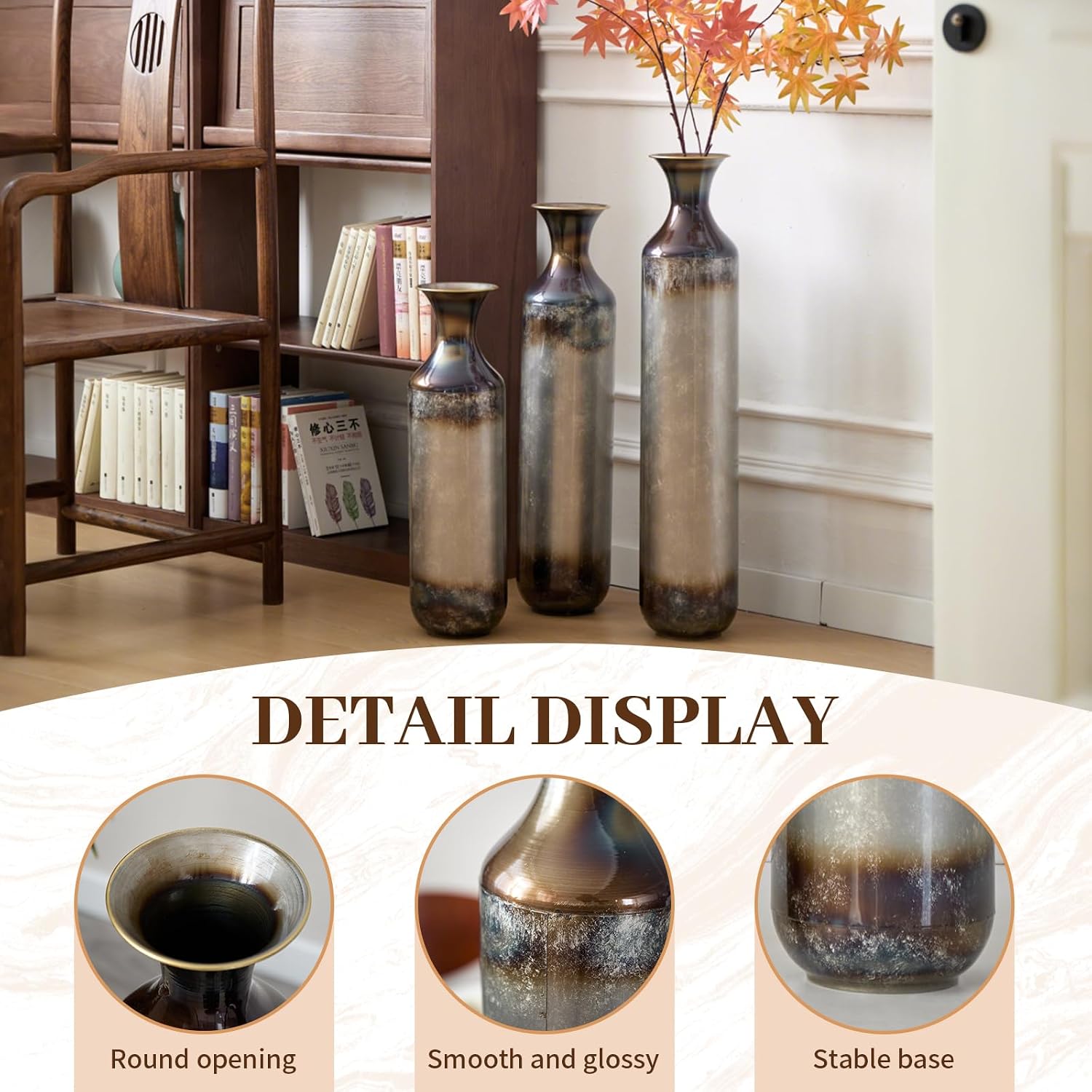 Floor Metal Decorated Vases Set of 3 for Gorgeous Home Decoration Large Glazed Metal Vases (Gold+Metal)