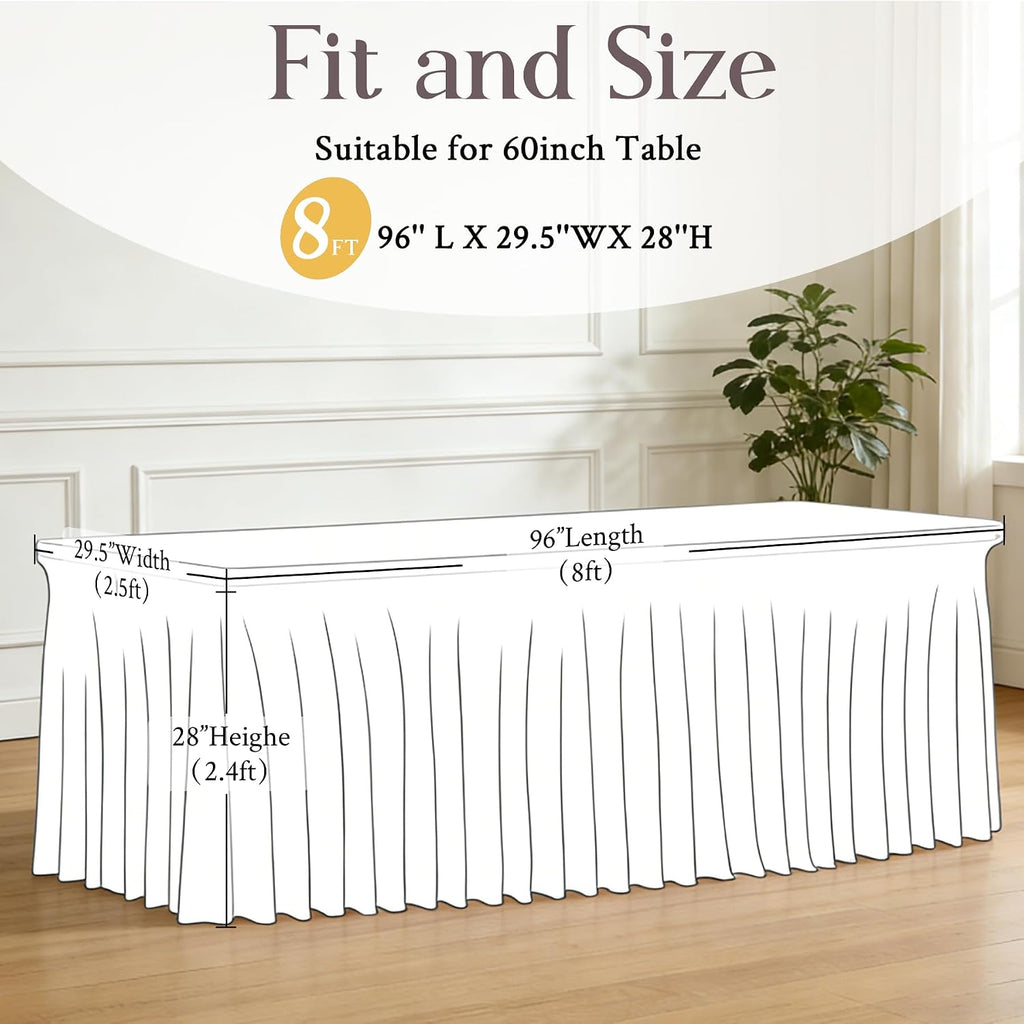 White Table Cloth for 8 Foot Rectangle Tables Fitted Stretch Spandex Table Cover with Skirt 8ft Baby Shower Birthday Party Banquet Ruffle Tablecloth Wedding Table Cloths Desk Skirt, 6 Pack