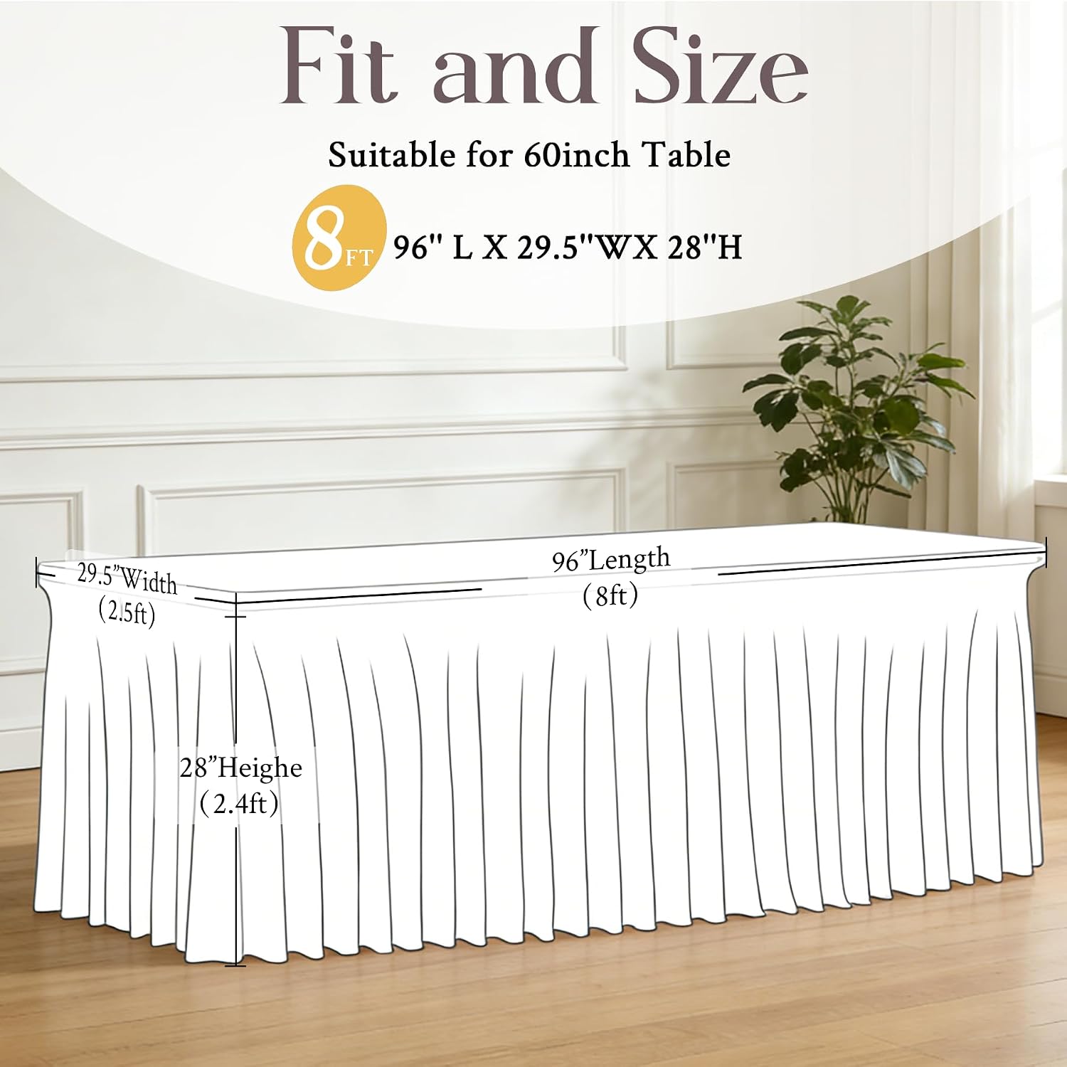 White Table Cloth for 8 Foot Rectangle Tables Fitted Stretch Spandex Table Cover with Skirt 8ft Baby Shower Birthday Party Banquet Ruffle Tablecloth Wedding Table Cloths Desk Skirt, 6 Pack