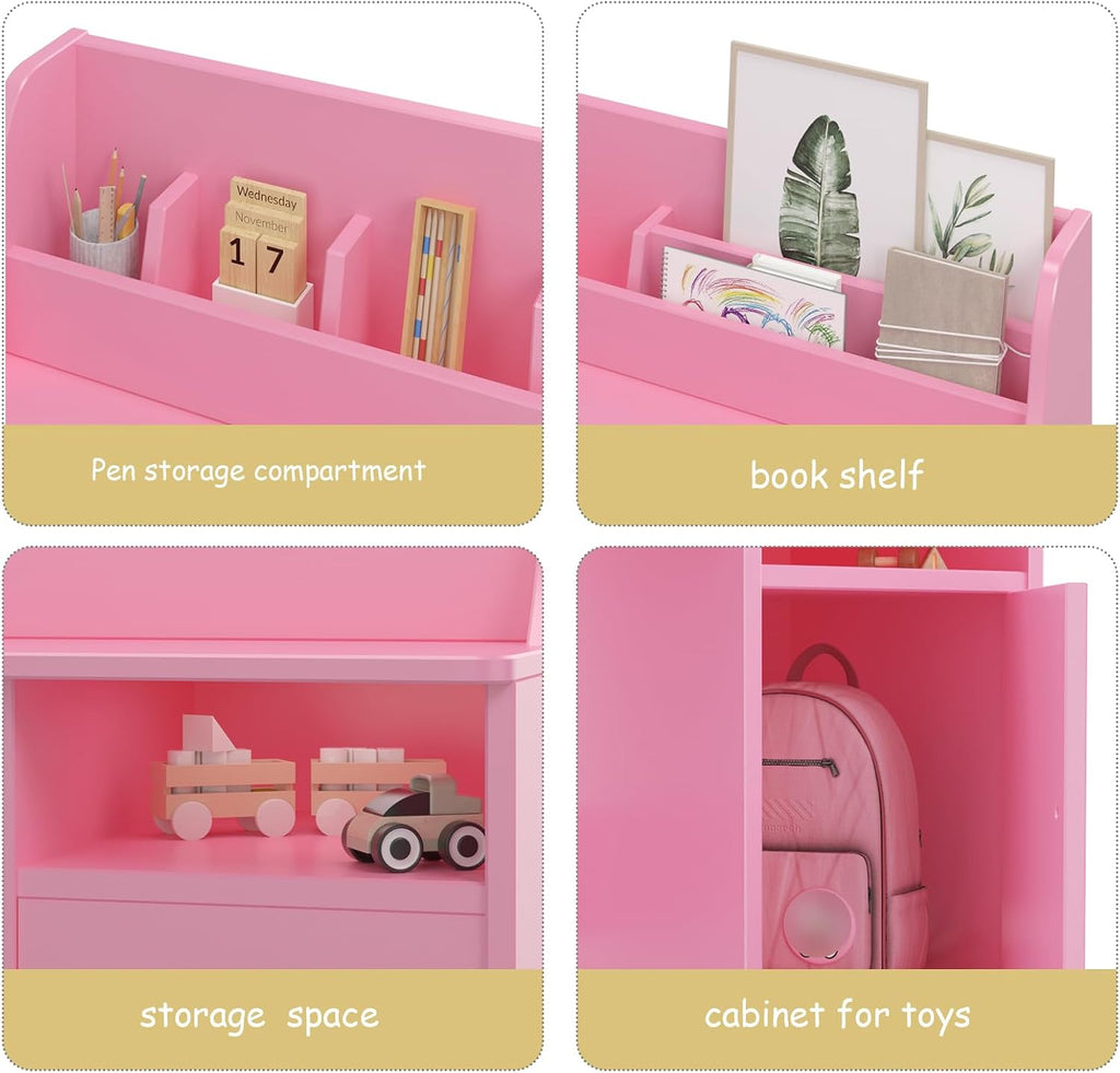 Kids Study Desk with Chair,Wooden Children Study Table, Kids Desk & Chair Sets with Hutch and Storage Cabinet for 3-12 Year Old, Student Writing Desk Computer Workstation for Kids Bedroom & Study Room