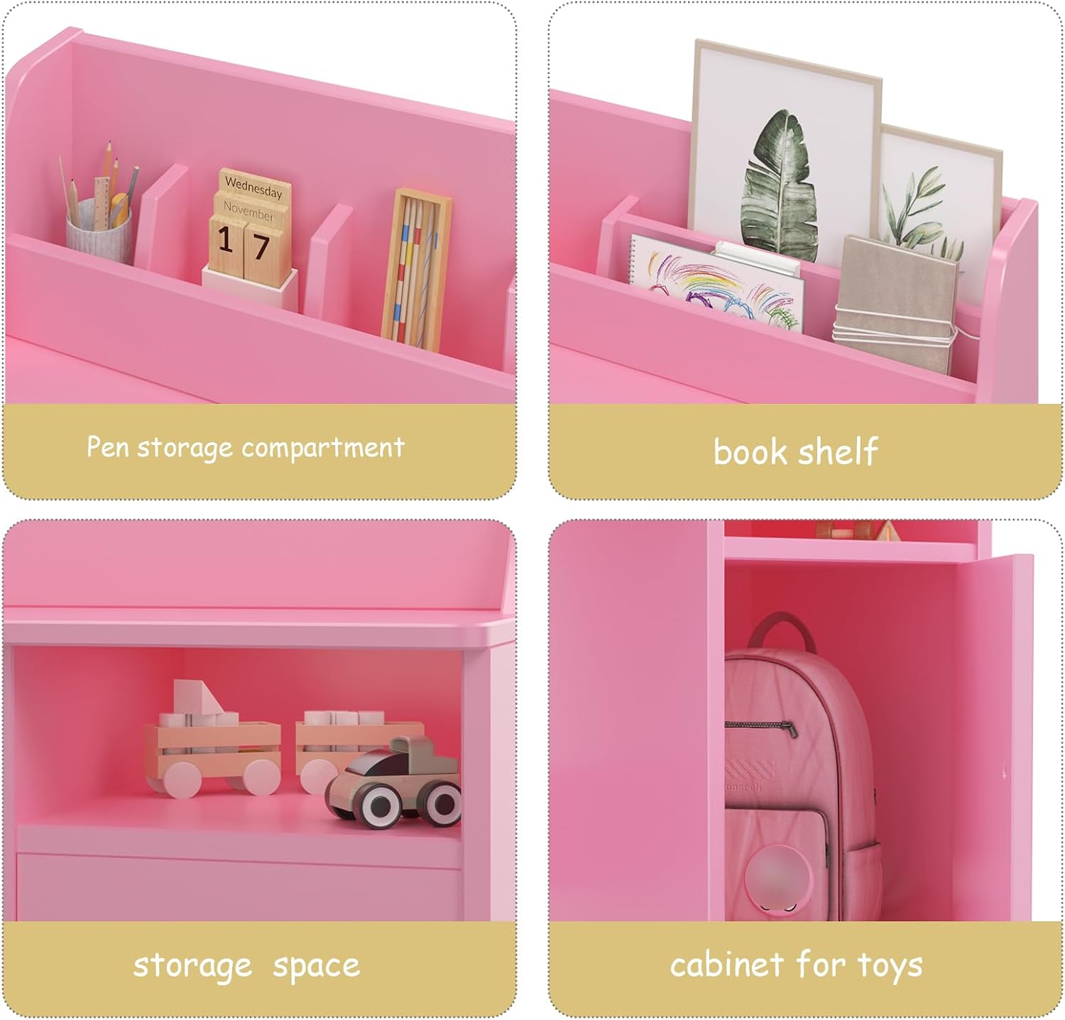 Kids Study Desk with Chair,Wooden Children Study Table, Kids Desk & Chair Sets with Hutch and Storage Cabinet for 3-12 Year Old, Student Writing Desk Computer Workstation for Kids Bedroom & Study Room