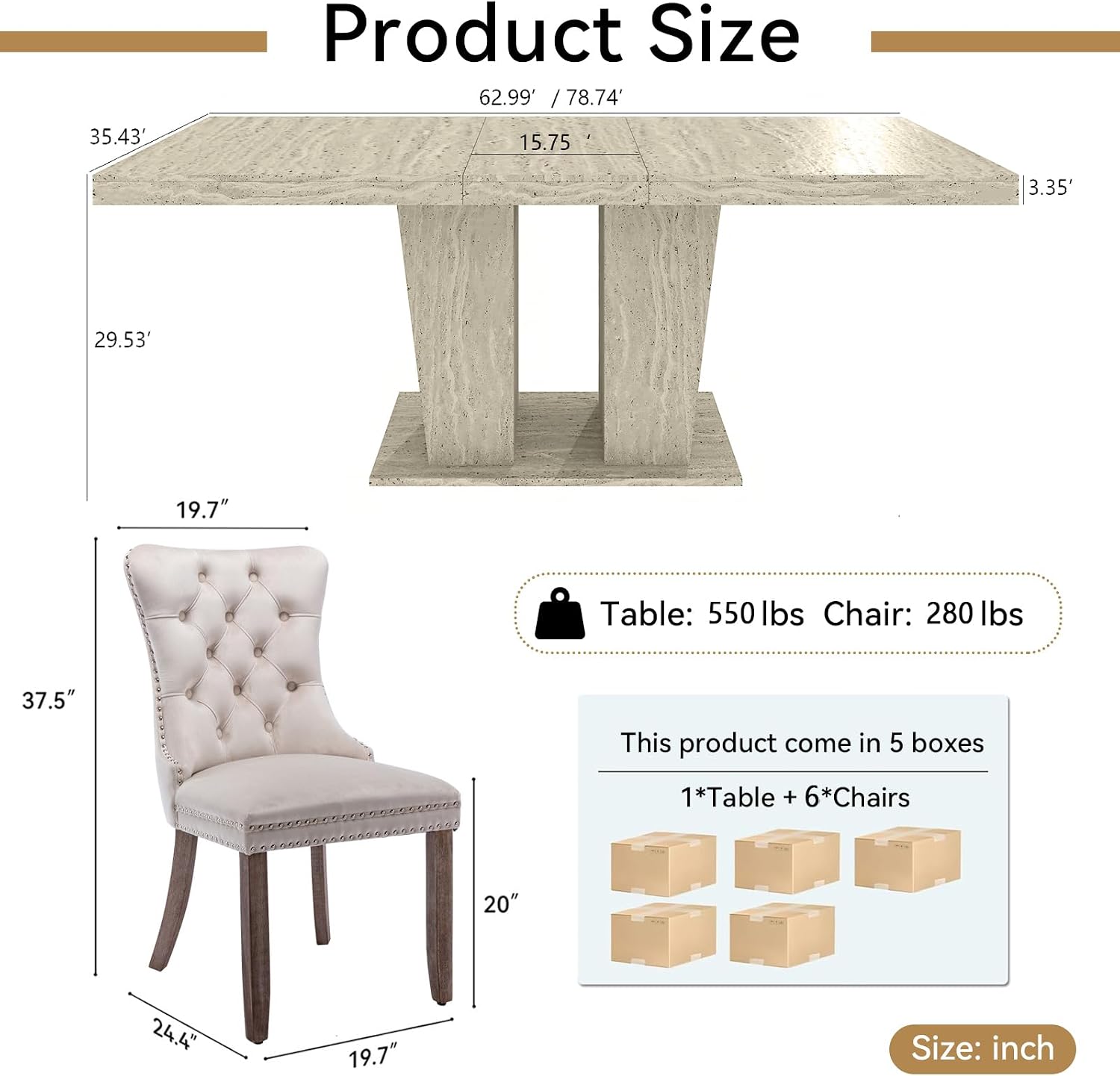 Henf 7 Pieces Extendable Dining Table Set for 6, 63'-79' Faux Mars Kitchen Table Set with 6 Beige Chairs, Faux Marble Expandable Dining Room Tables Set for 6,Modern Dinner Tables Set for 6