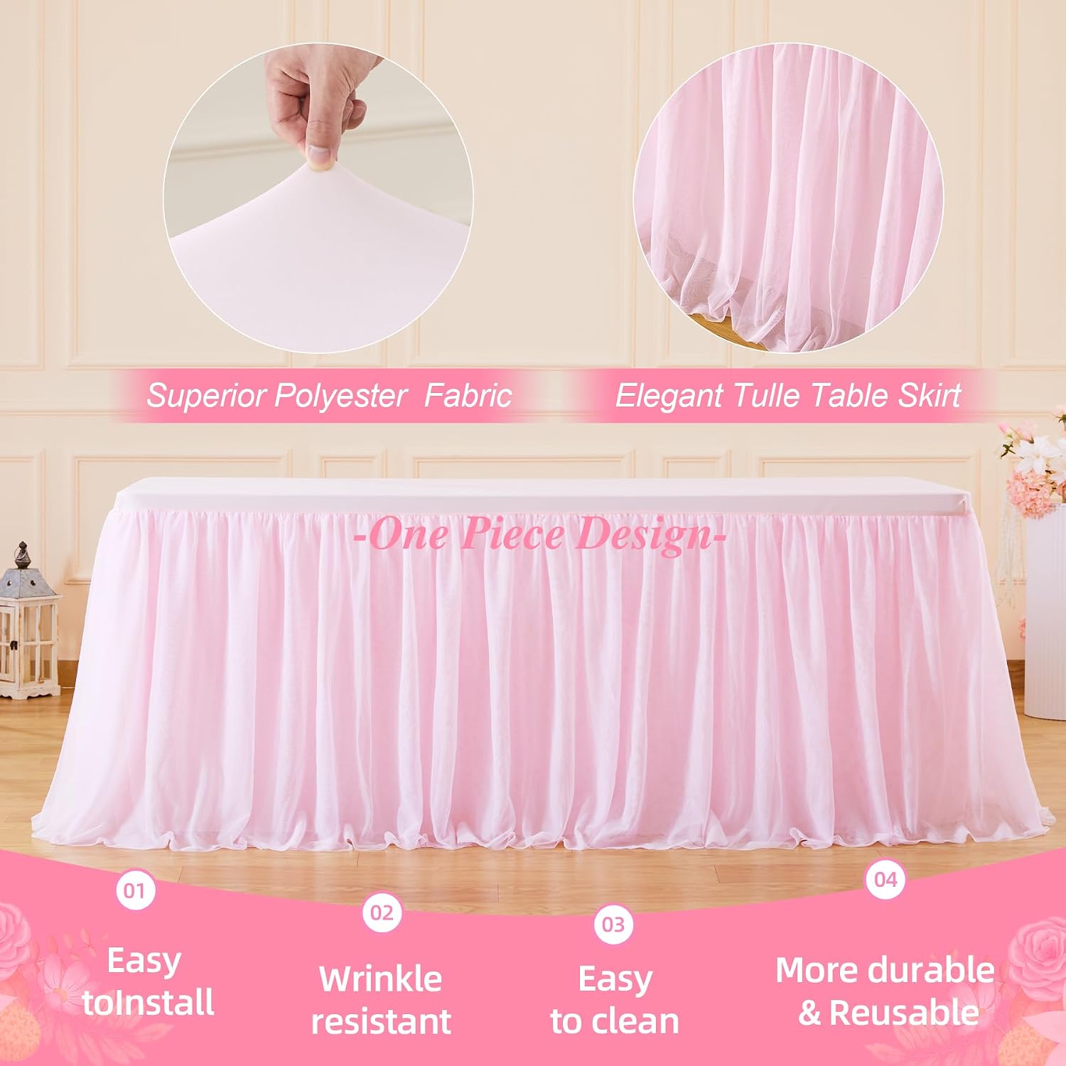 Wish Care 6 Pack Pink Tulle Tablecloth for 6 Foot Rectangle Tables Ruffle Stretch Fitted Table Cloths Wrinkle Free Table Cover with Tutu Skirt for Party Wedding Girls Birthday Baby Bridal Shower Cake