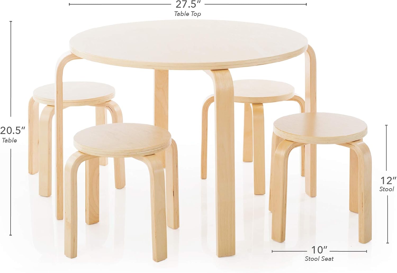 Guidecraft Nordic Table and Stools Set for Kids: Natural - 4 Stacking Bentwood Stools with Curved Wood Activity Table - Children's Modern Kitchen, Playroom and Classroom Furniture