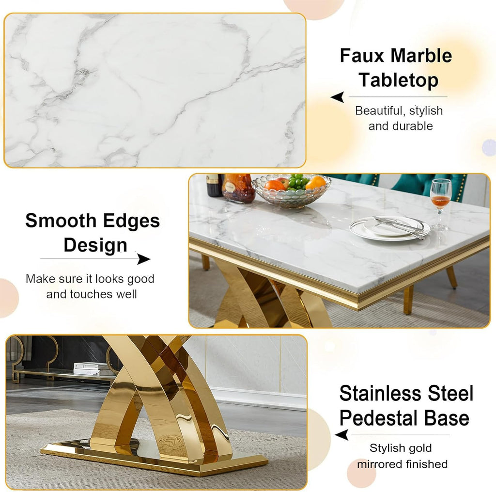 68' Luxury Rectangular Marble Dining Table for 4 to 6, White Faux Marble Kitchen Table with Gold X Shape Stainless Steel Pedestal, Modern Kitchen Dining Room Table for Breakfast Dinette Dinner Party
