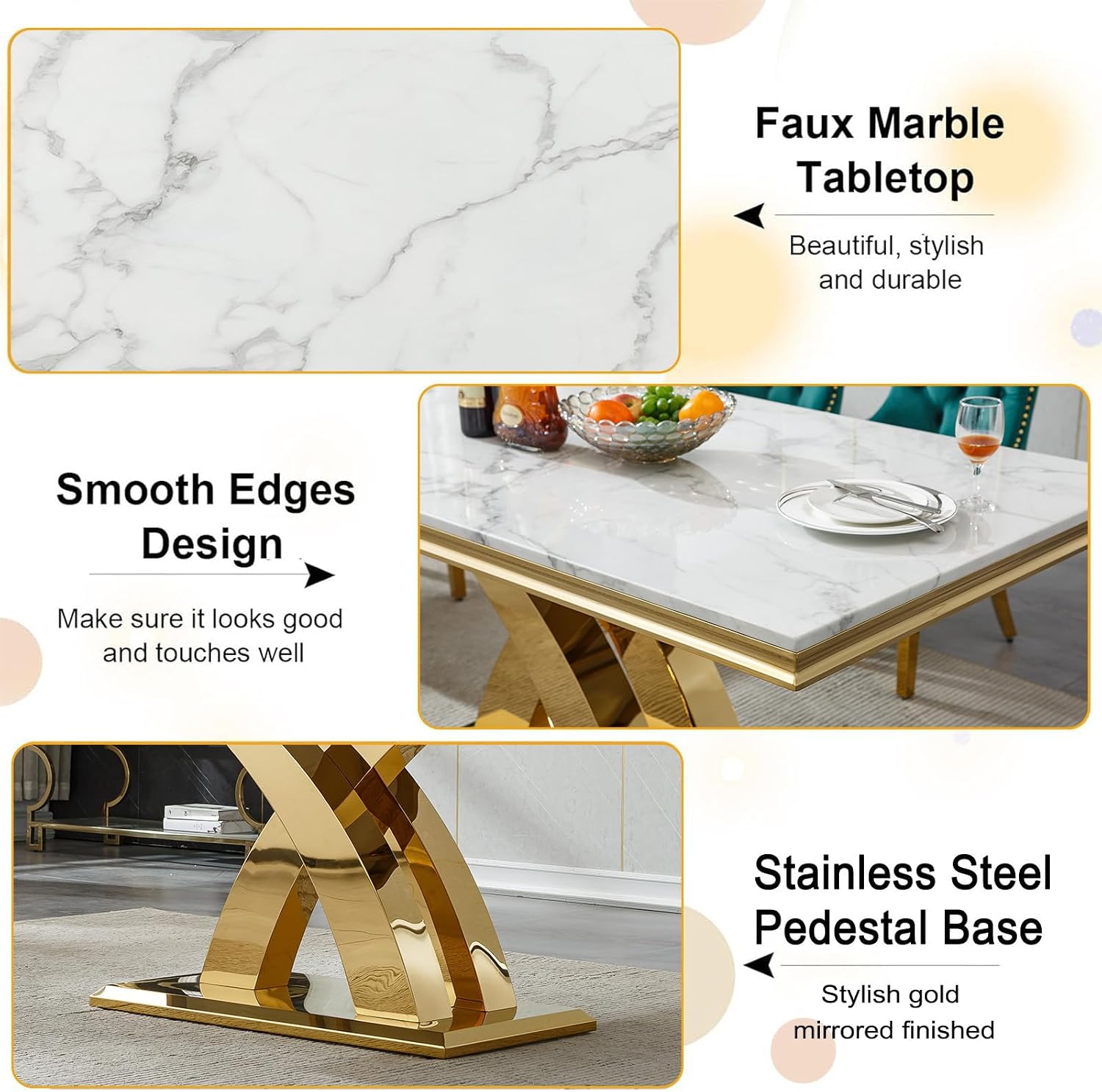 68' Luxury Rectangular Marble Dining Table for 4 to 6, White Faux Marble Kitchen Table with Gold X Shape Stainless Steel Pedestal, Modern Kitchen Dining Room Table for Breakfast Dinette Dinner Party