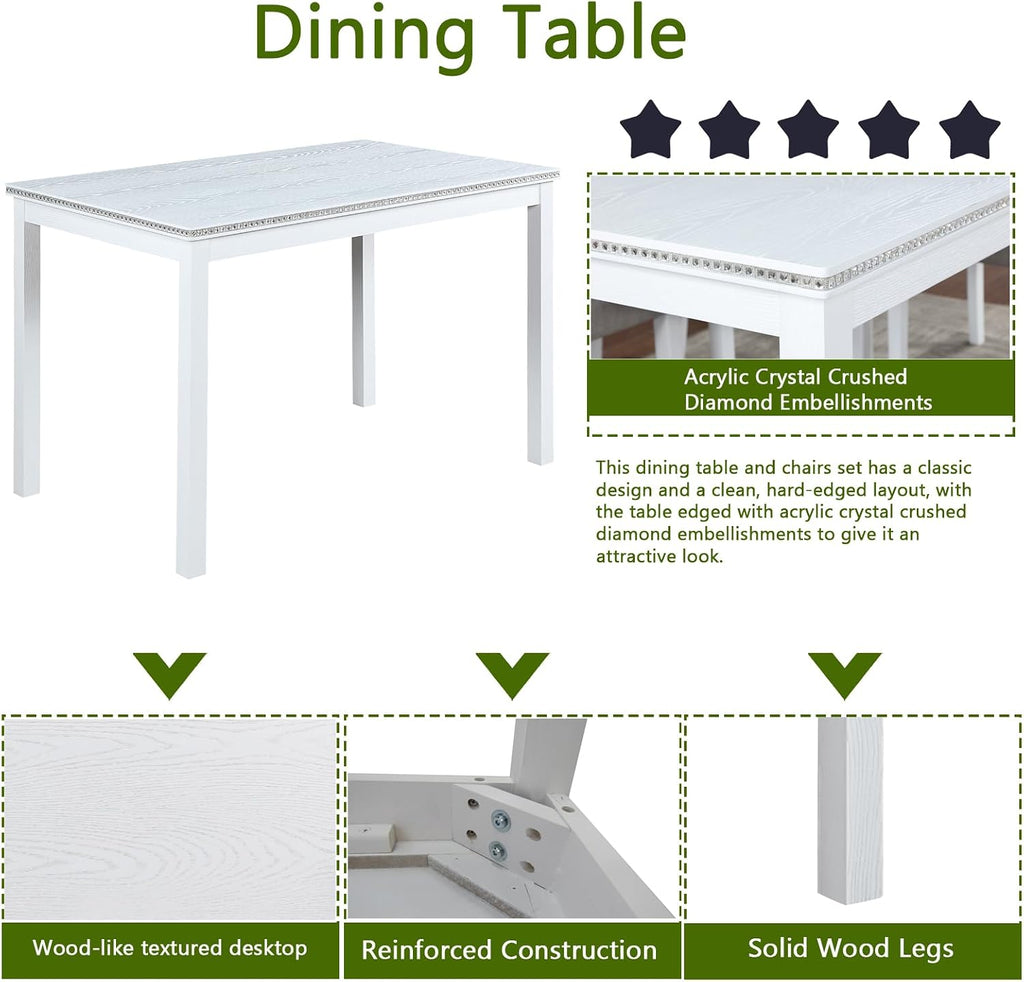 LUMISOL Dining Table Set for 4, 5-Piece Solid Wood Kitchen Table Set with 4 Upholstered Chairs for Kitchen, Dining Room, Home Bar, White