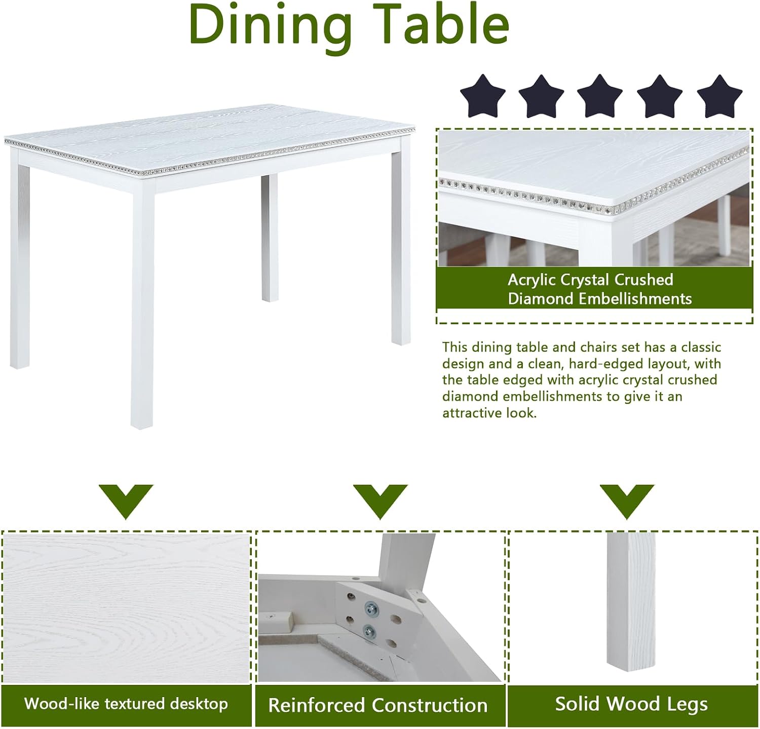 LUMISOL Dining Table Set for 4, 5-Piece Solid Wood Kitchen Table Set with 4 Upholstered Chairs for Kitchen, Dining Room, Home Bar, White